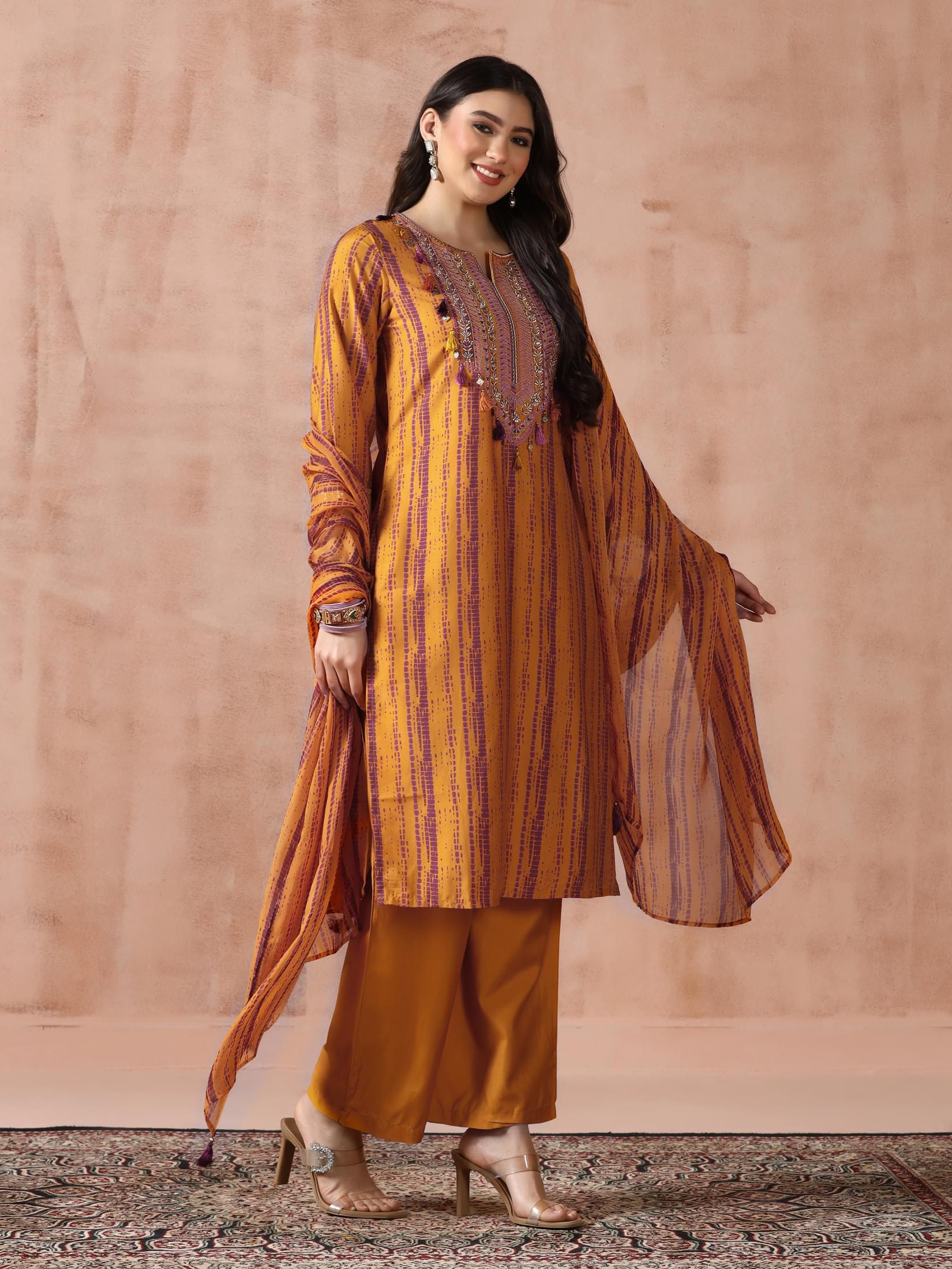 Women Liva Mustard Embroidered Kurta Comfort Pant Dupatta.