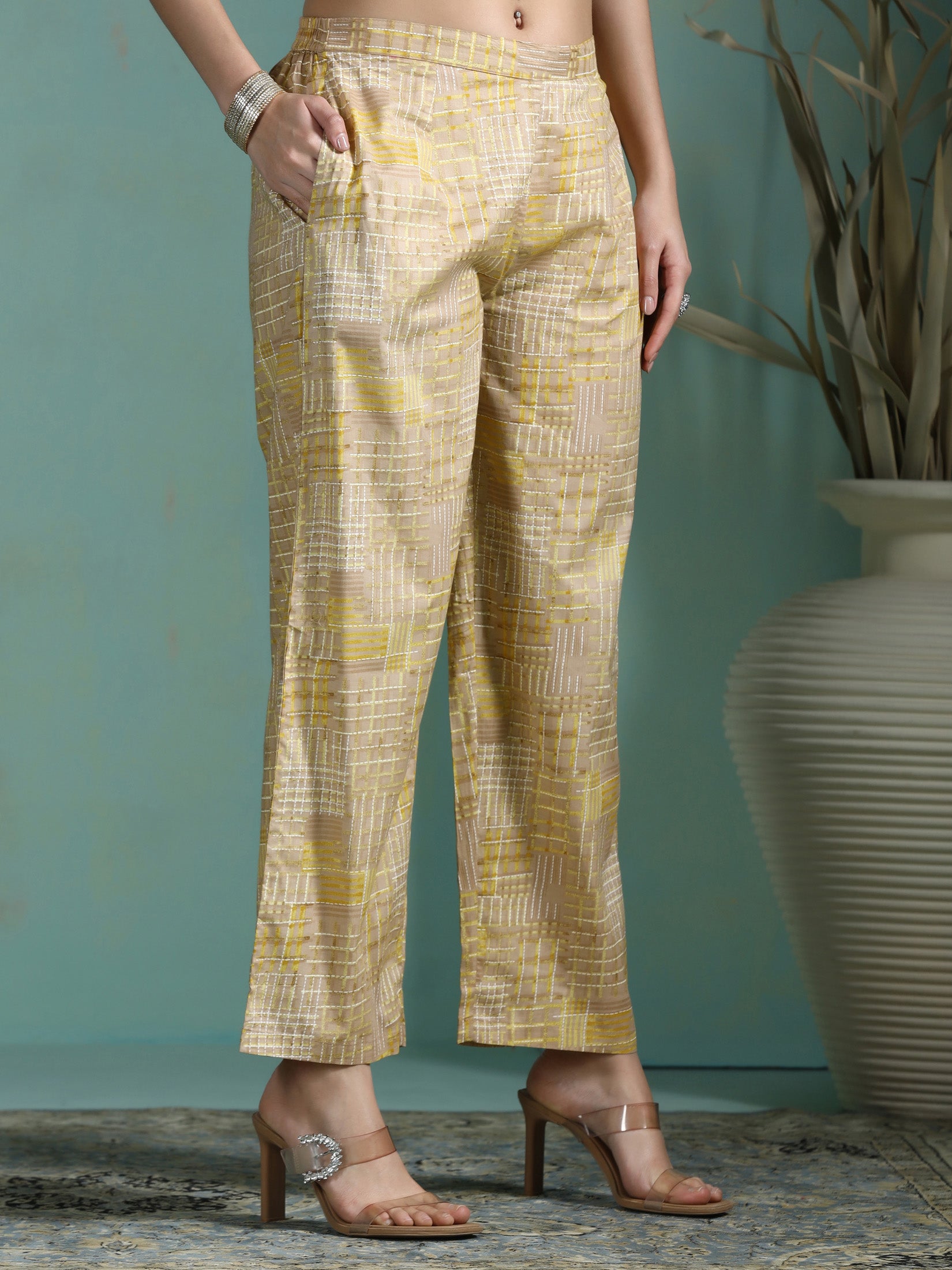 Women Cotton Mustard Abstract Print Kurta Comfort Pant Dupatta