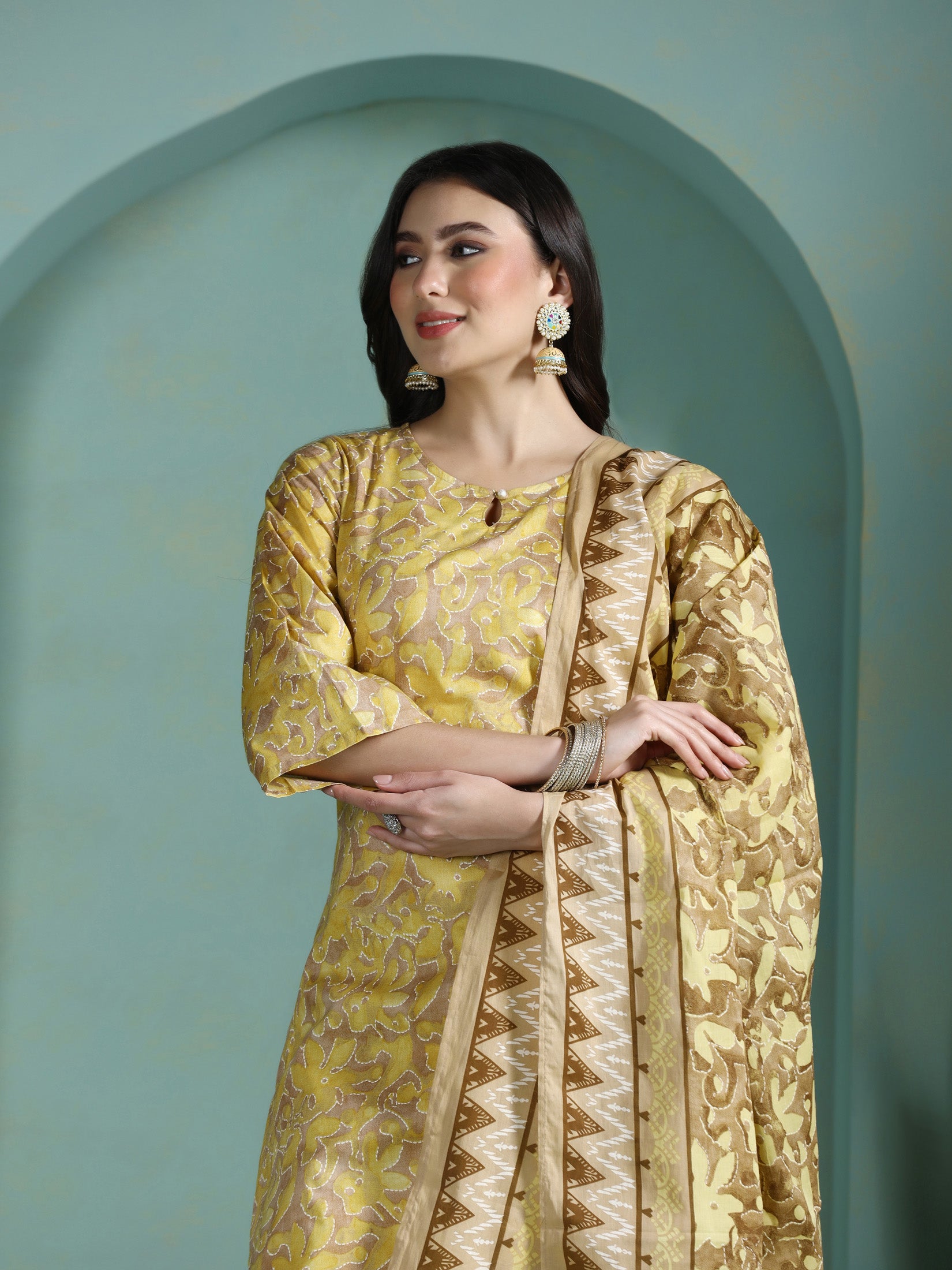 Women Cotton Mustard Abstract Print Kurta Comfort Pant Dupatta
