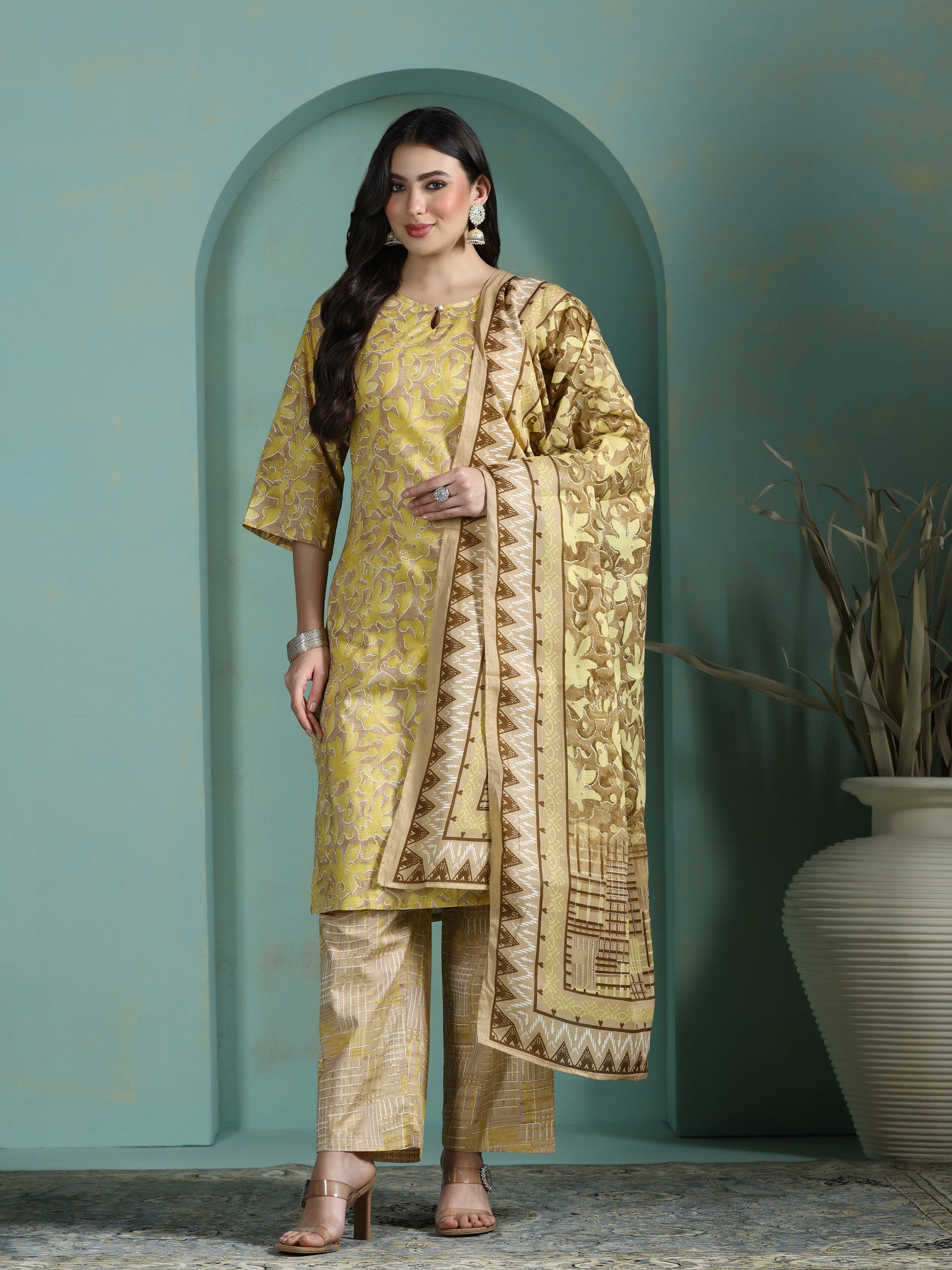 Women Cotton Mustard Abstract Print Kurta Comfort Pant Dupatta