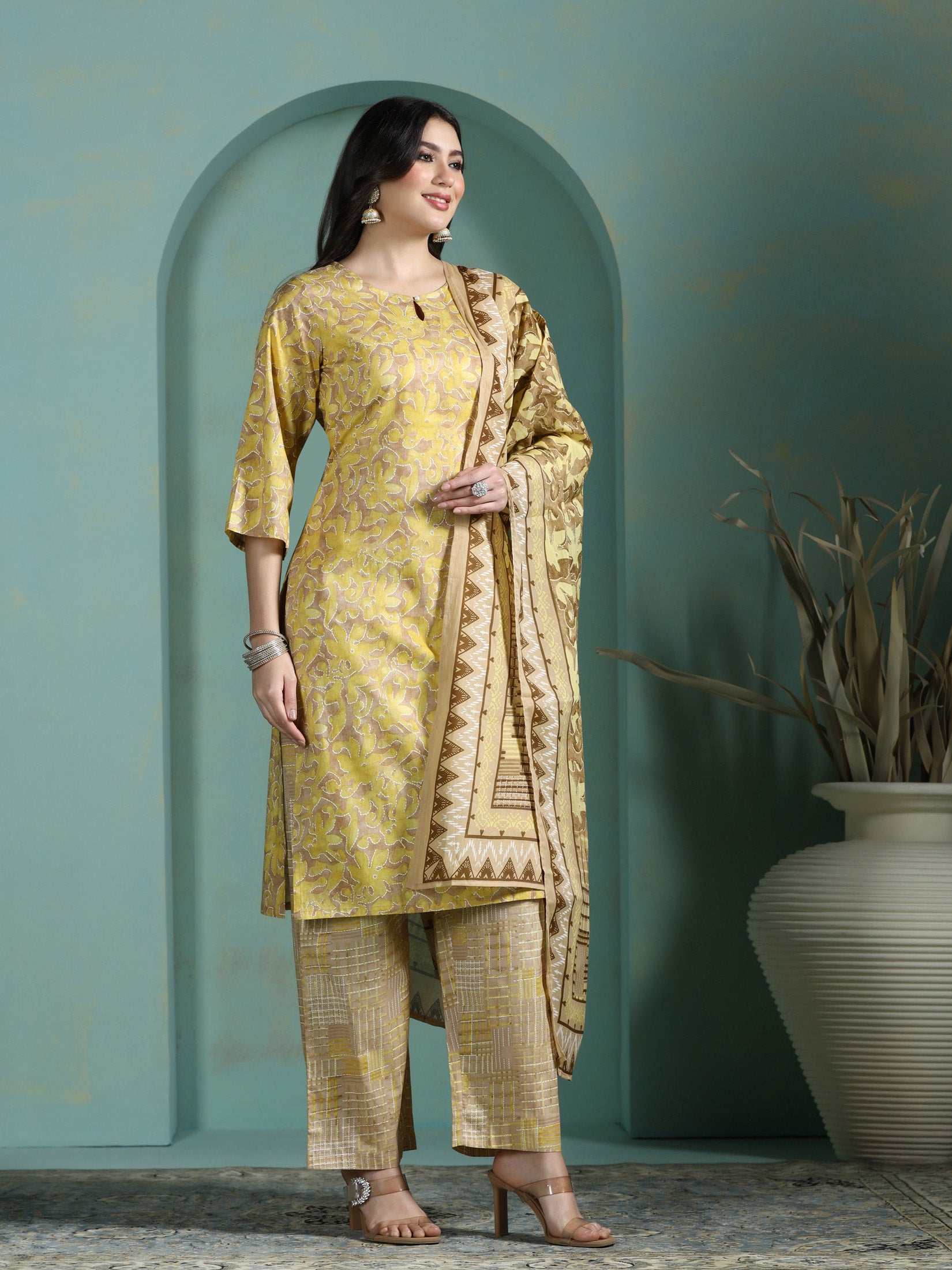 Women Cotton Mustard Abstract Print Kurta Comfort Pant Dupatta