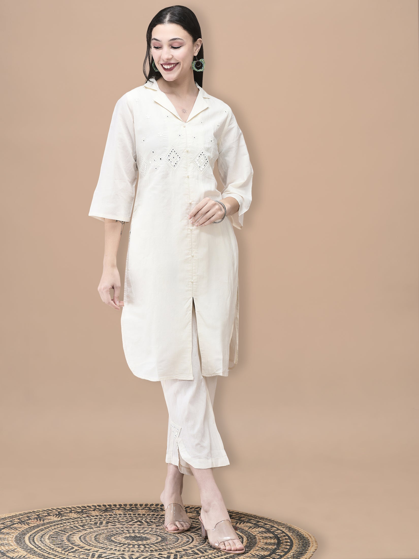 Women Cotton Off White Embroidered Kurta With Comfort Pant