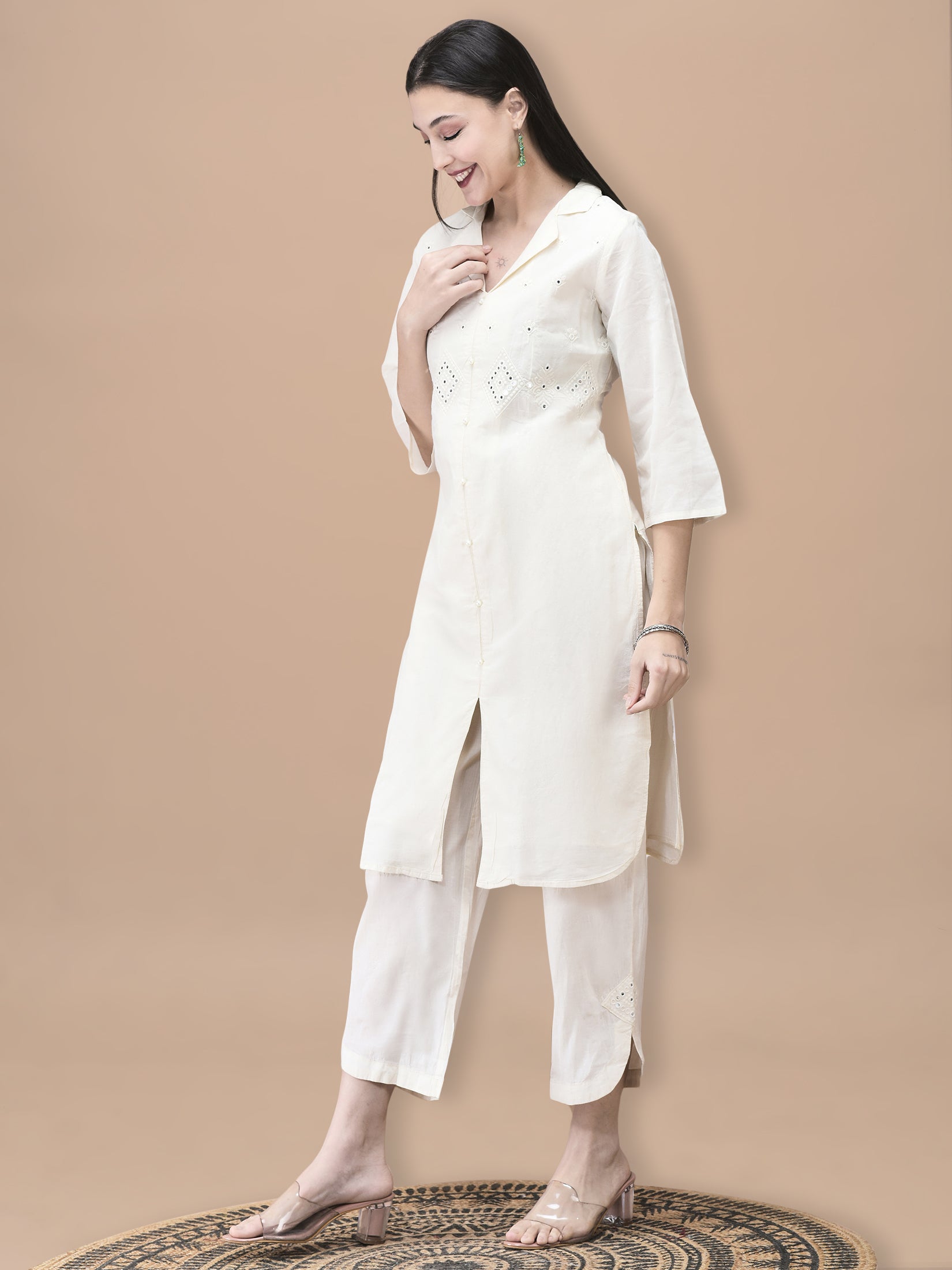 Women Cotton Off White Embroidered Kurta With Comfort Pant