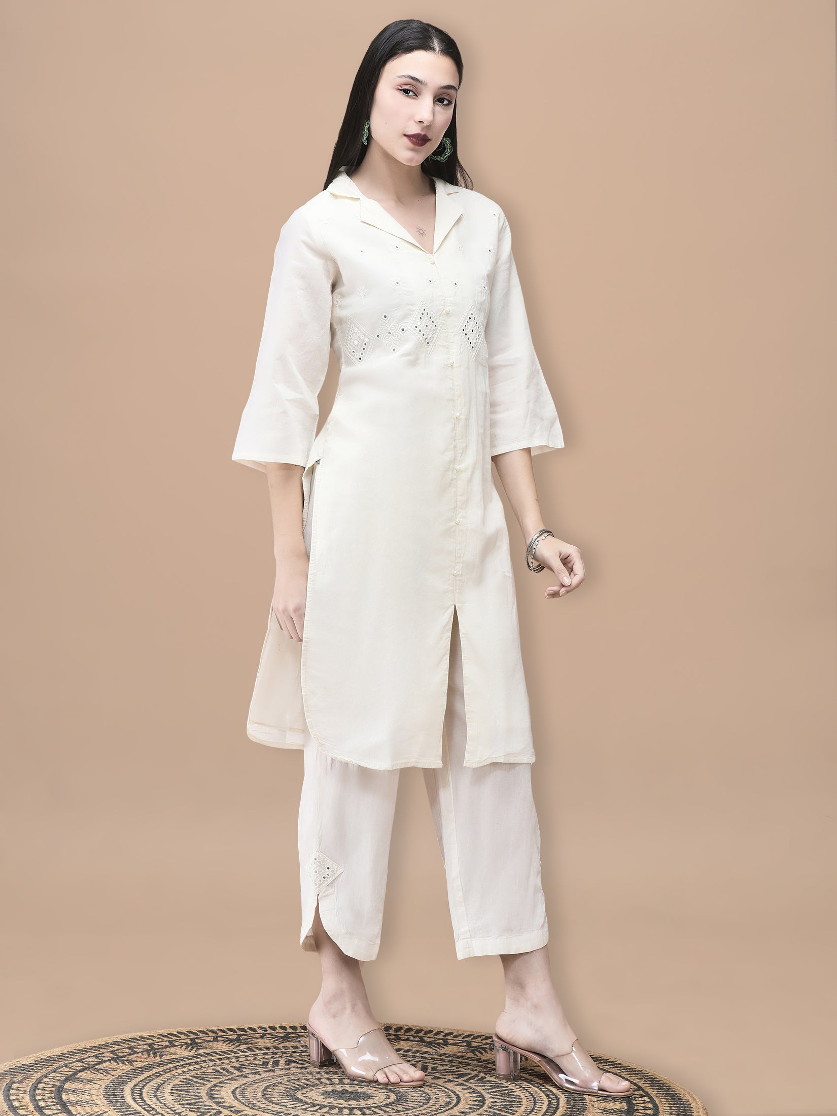 Women Cotton Off White Embroidered Kurta With Comfort Pant