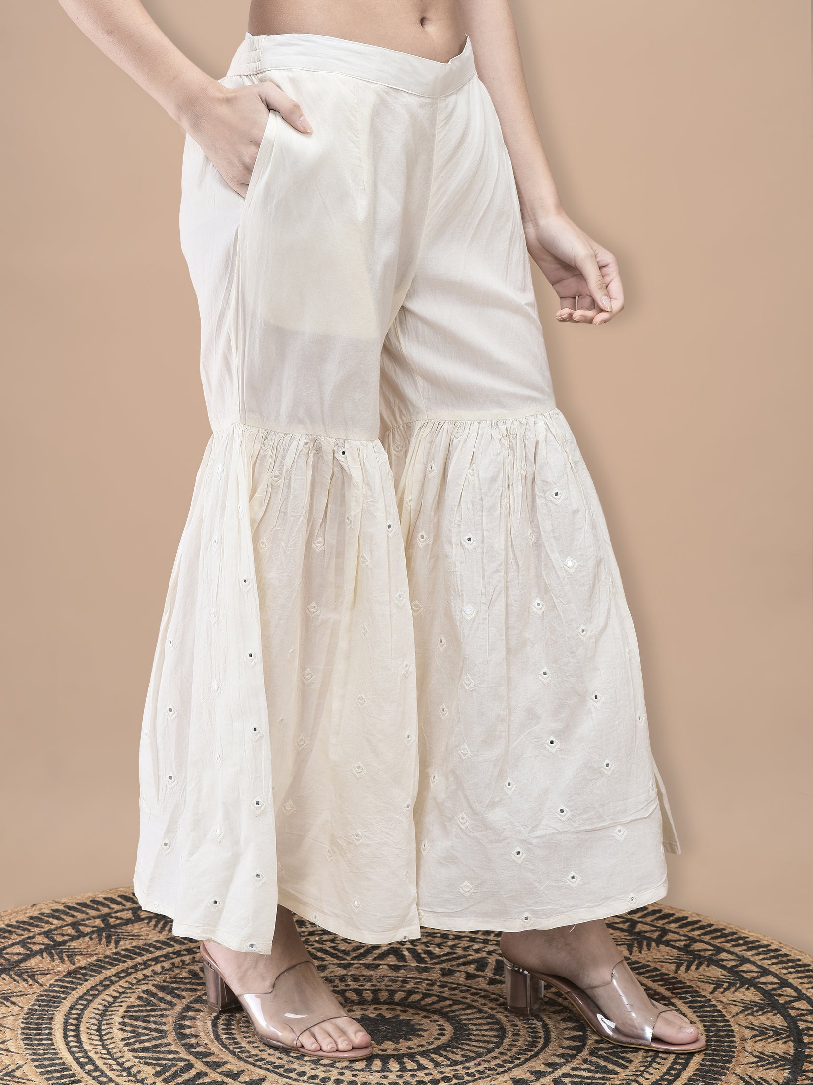 Women Cotton Off White Embroidered Kurta Sharara Dupatta