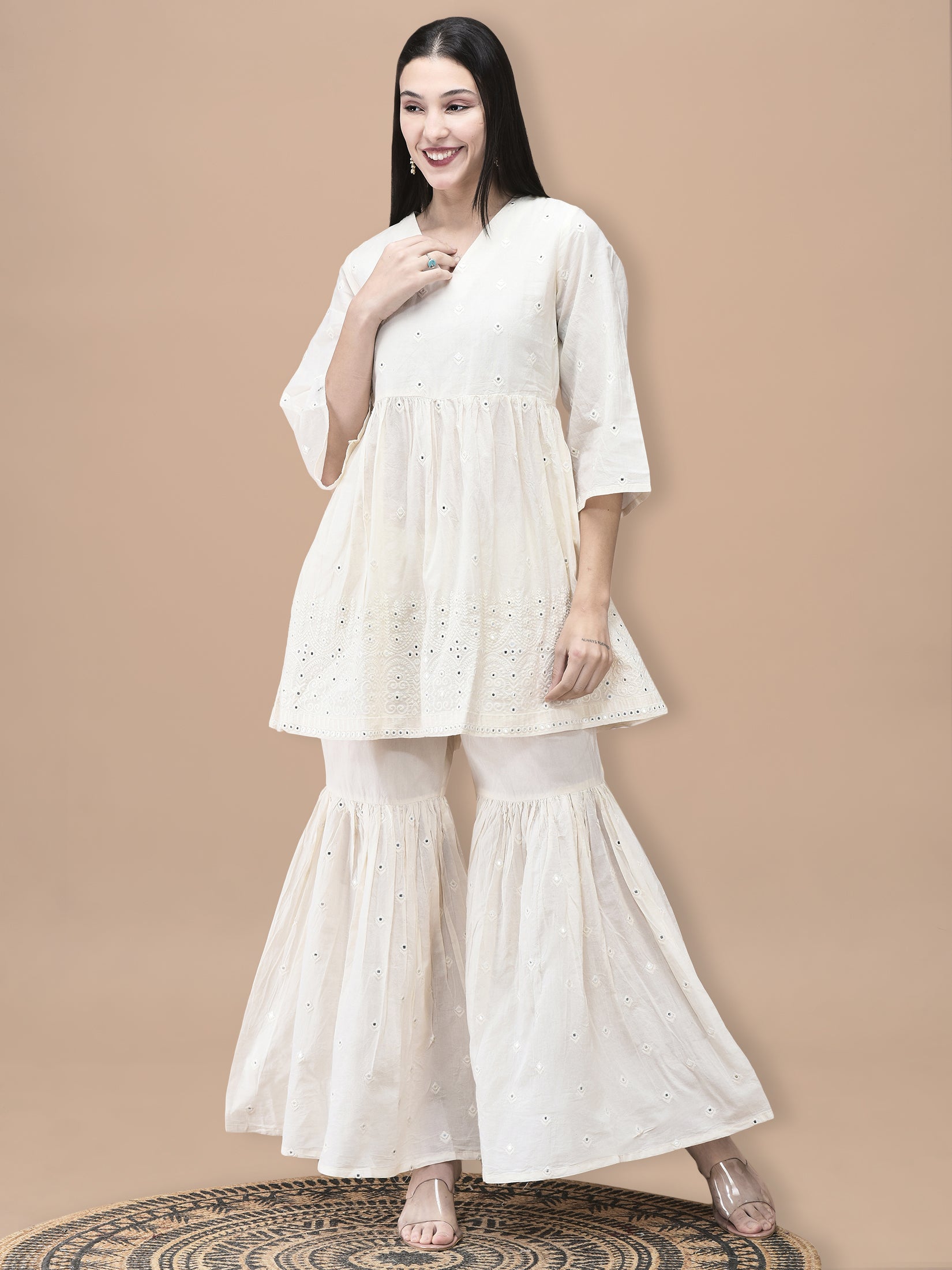 Women Cotton Off White Embroidered Kurta Sharara Dupatta