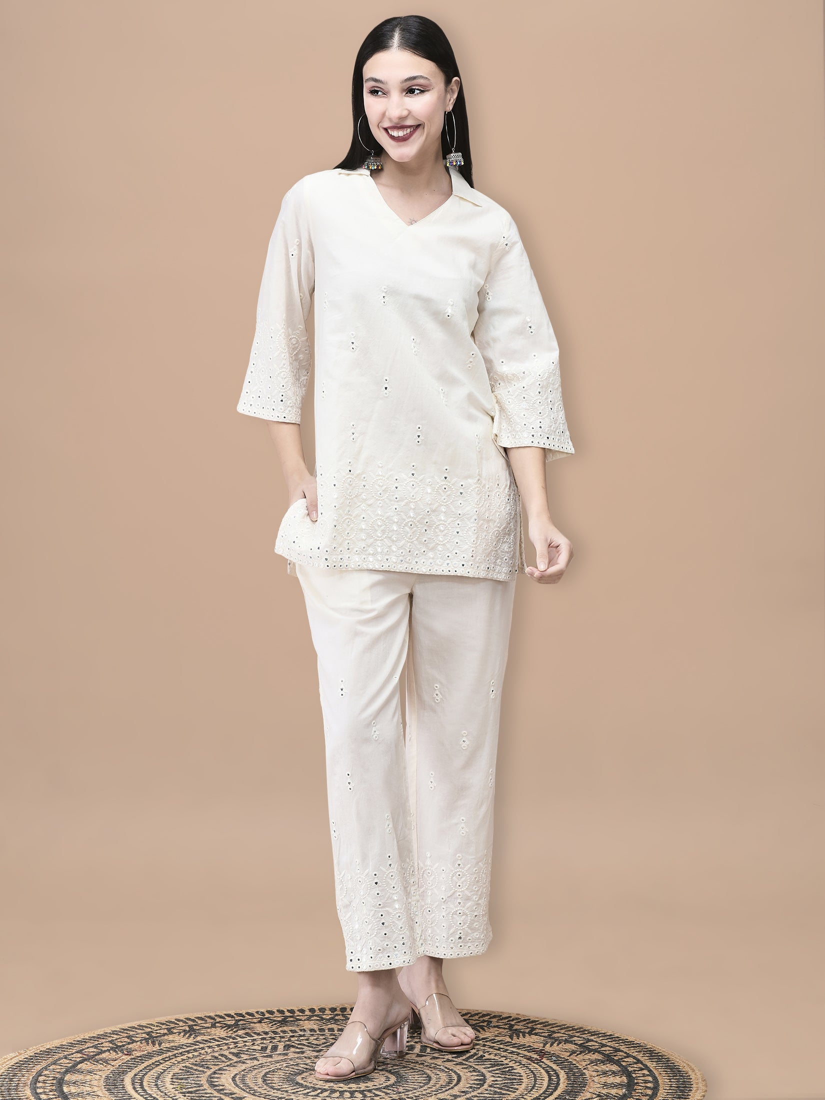 Women Cotton Off White Embroidered Co-Ord Set
