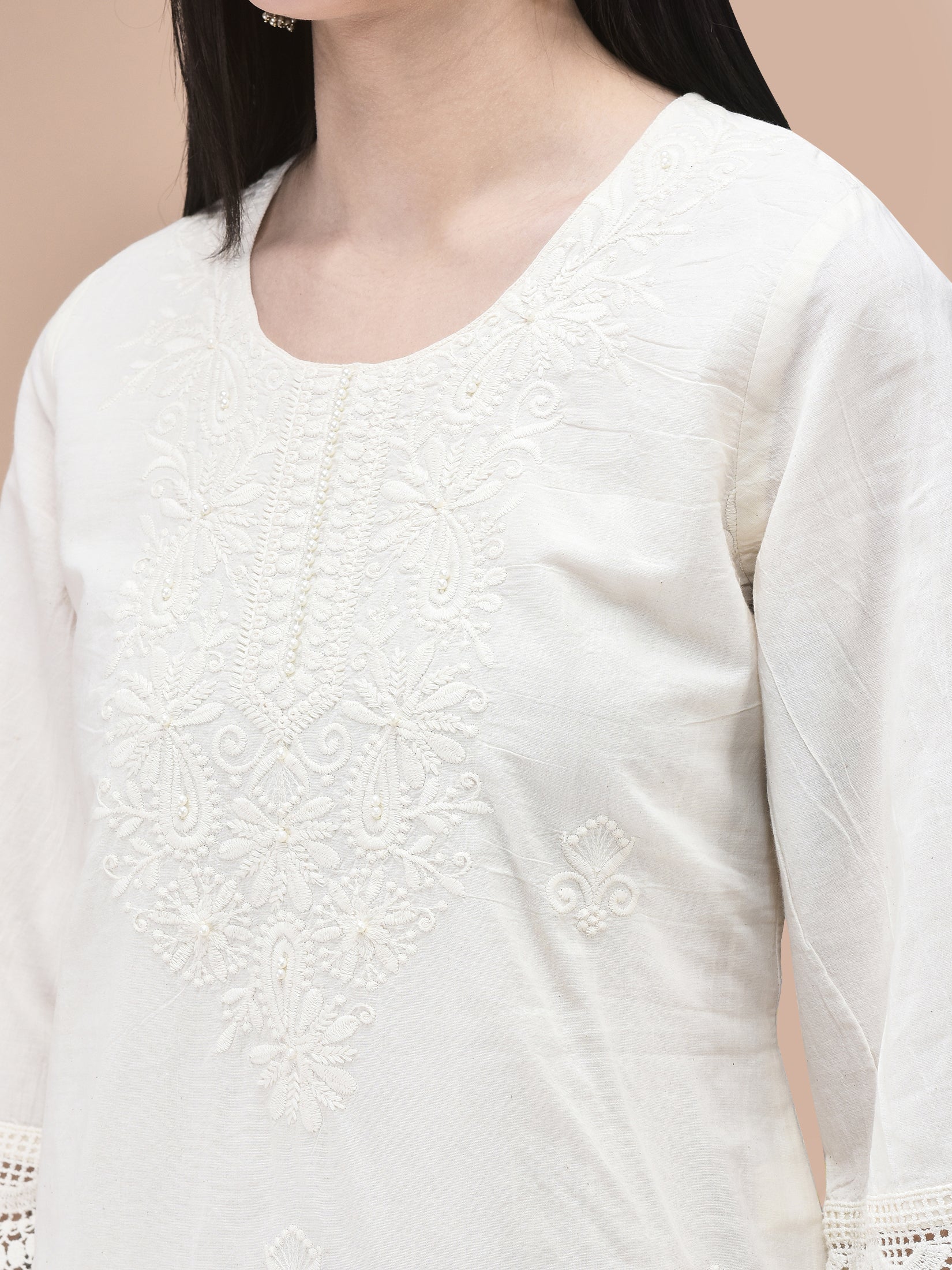 Women Cotton Off White Embroidered Kurta Comfort Pant Dupatta