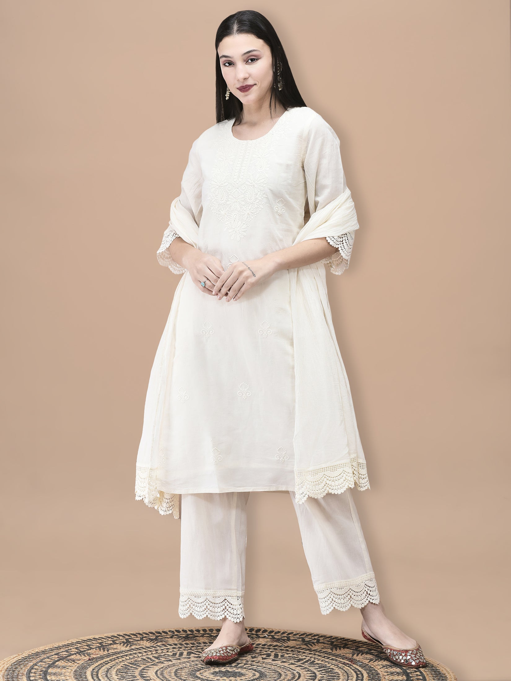 Women Cotton Off White Embroidered Kurta Comfort Pant Dupatta