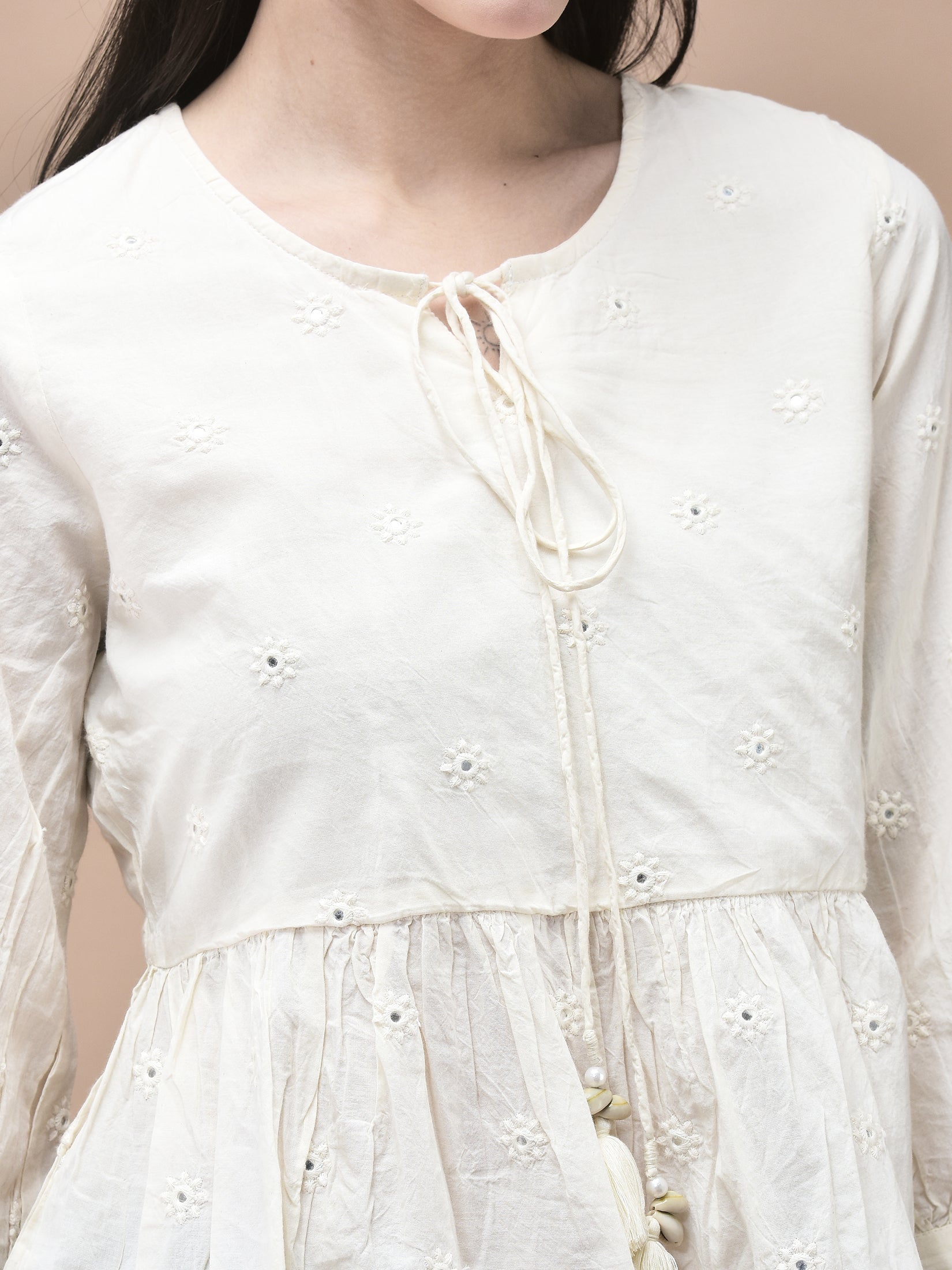 Women Cotton Off White Embroidered Tunic
