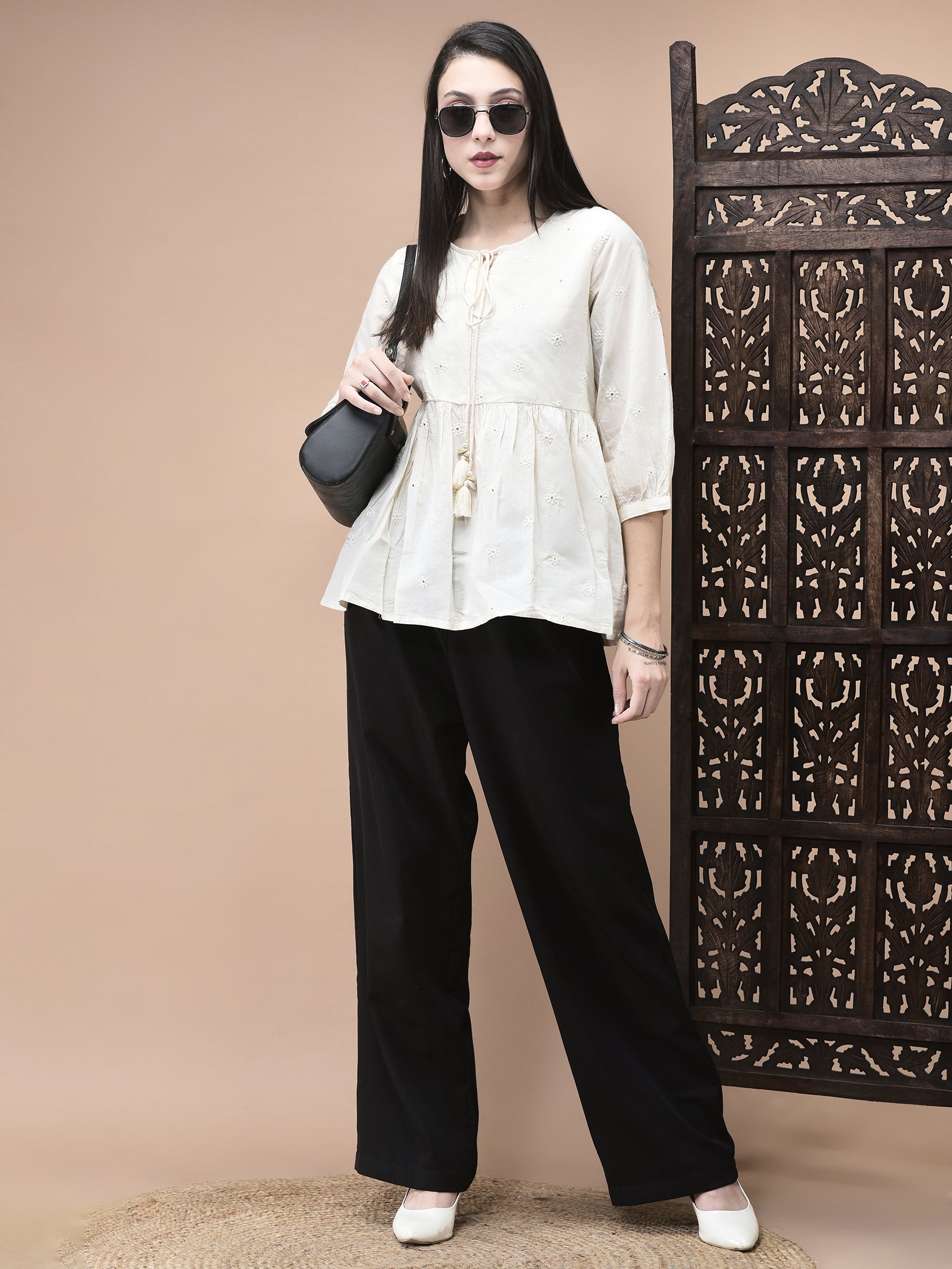 Women Cotton Off White Embroidered Tunic