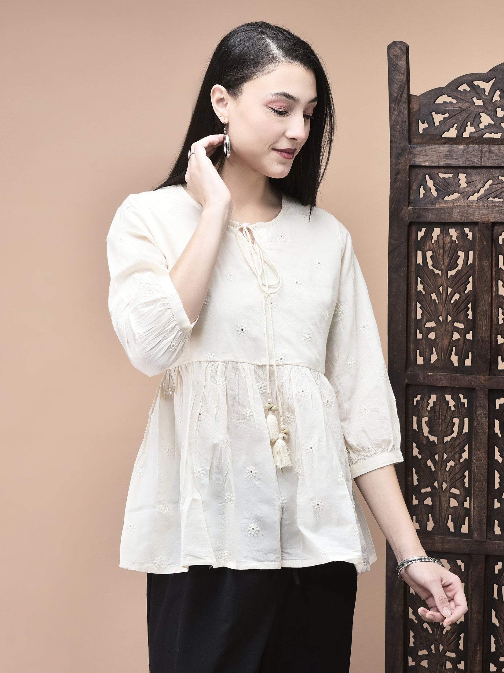 Women Cotton Off White Embroidered Tunic