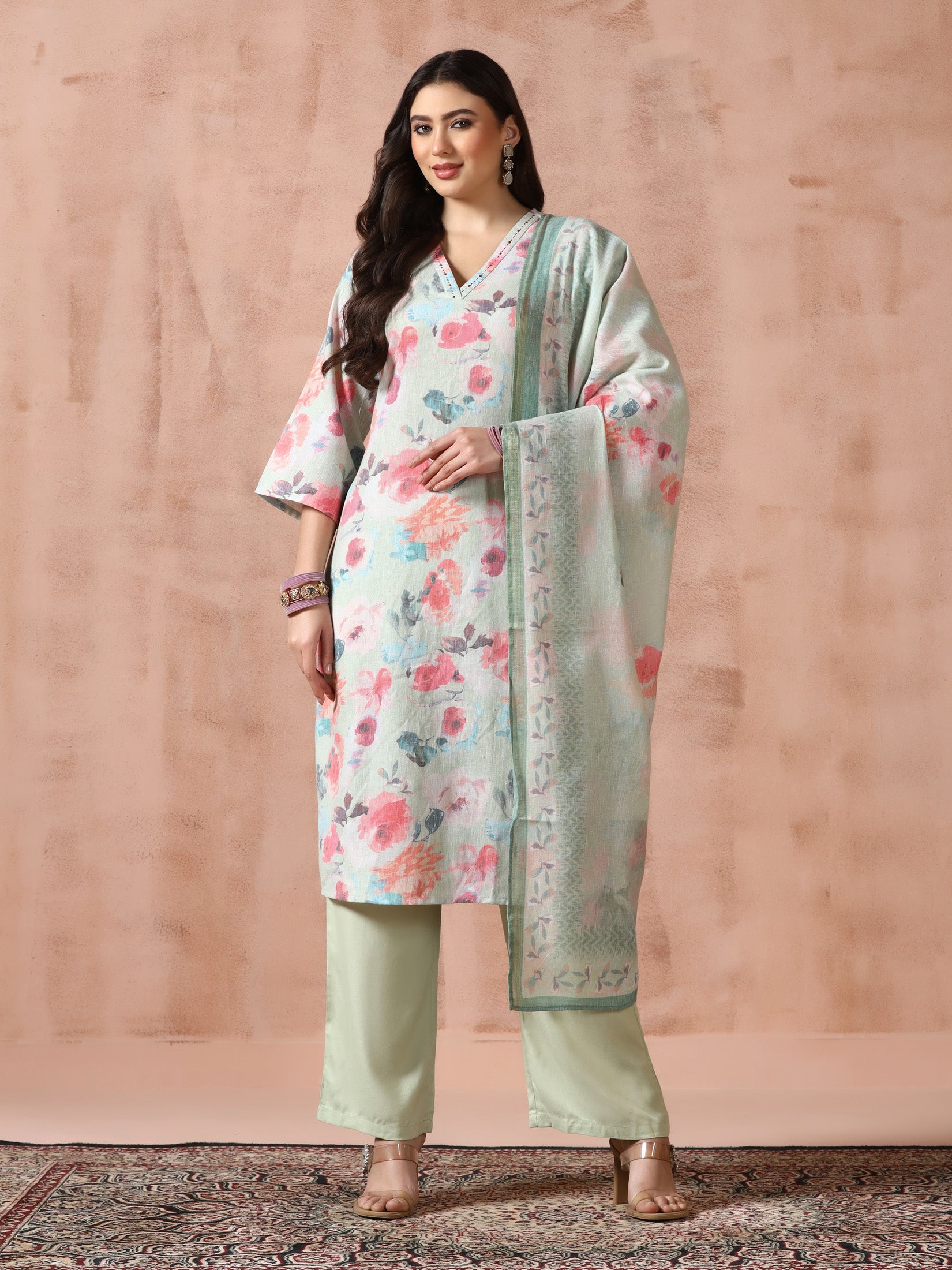 Women Linen Green Floral Print Kurta Comfort Pant Dupatta
