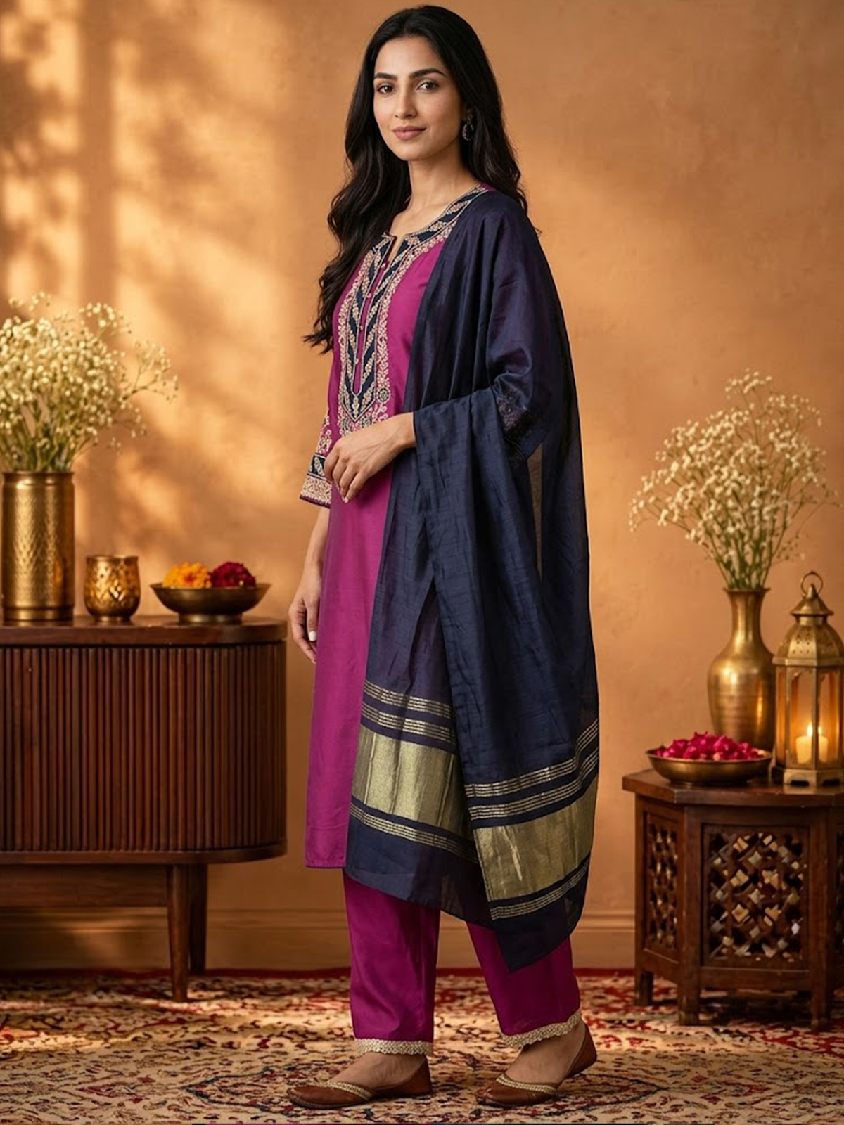 Women Pink And Peacock Blue Solid With Embroidery Kurta Comfort Pant Dupatta