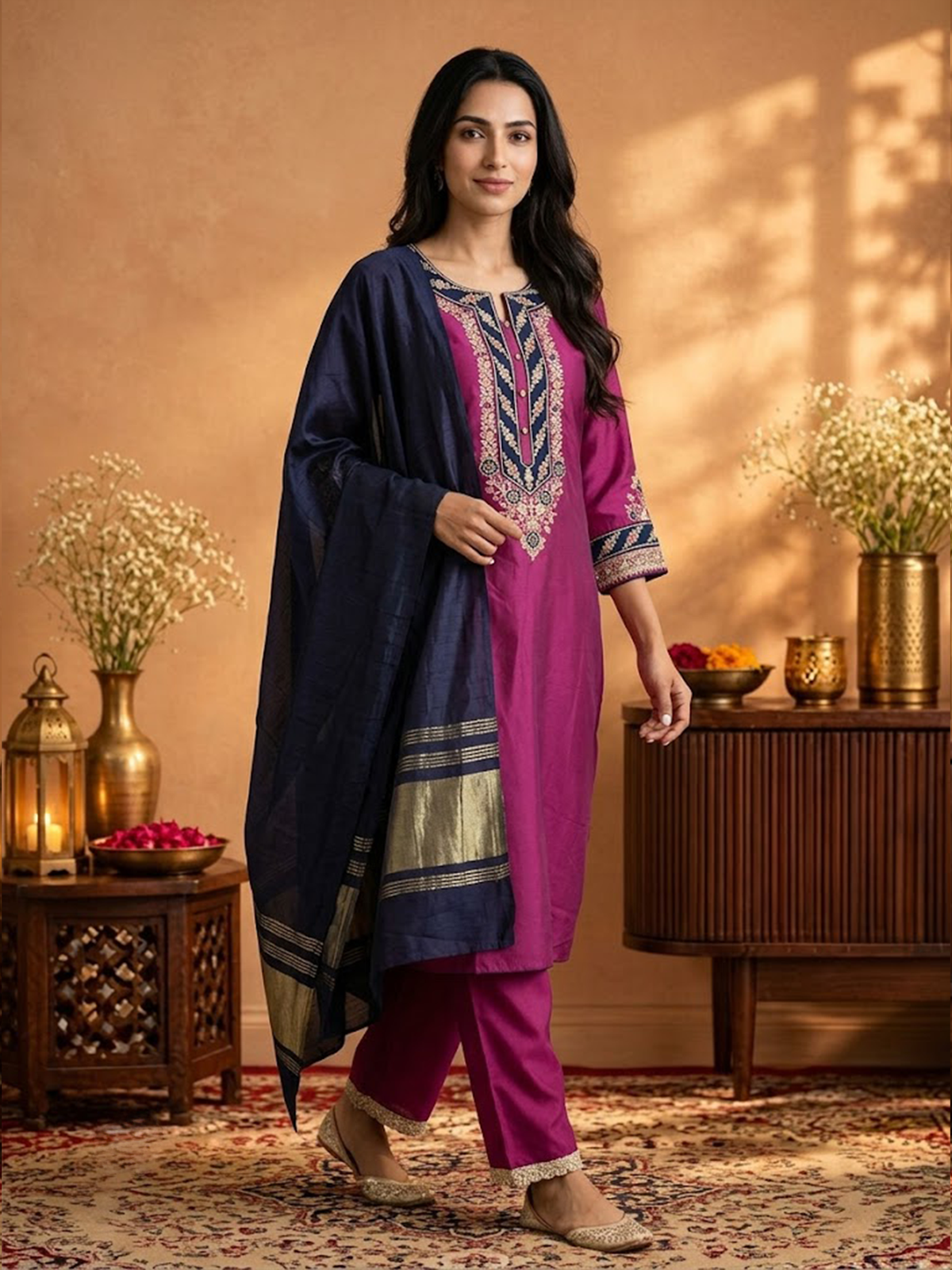 Women Pink And Peacock Blue Solid With Embroidery Kurta Comfort Pant Dupatta