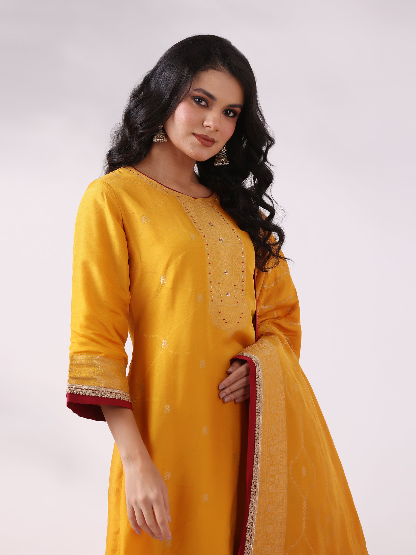 Women Dola Silk Jacquard Mustard Woven Kurta Comfort Pant Dupatta