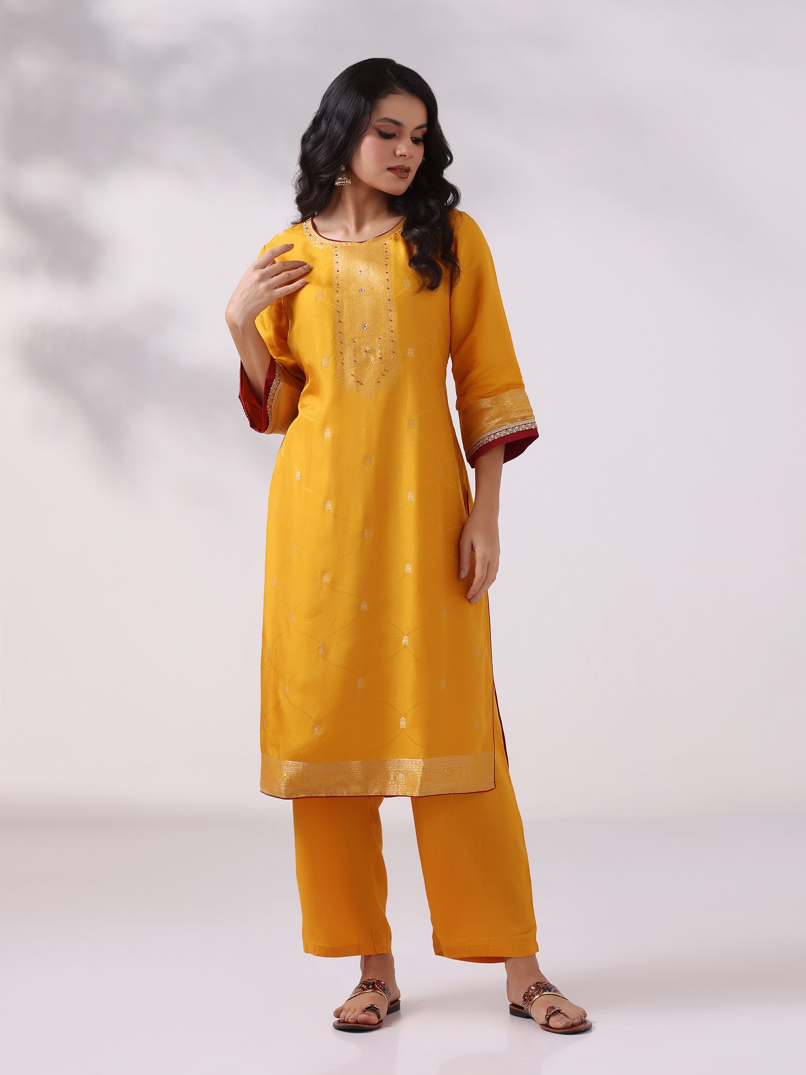 Women Dola Silk Jacquard Mustard Woven Kurta Comfort Pant Dupatta