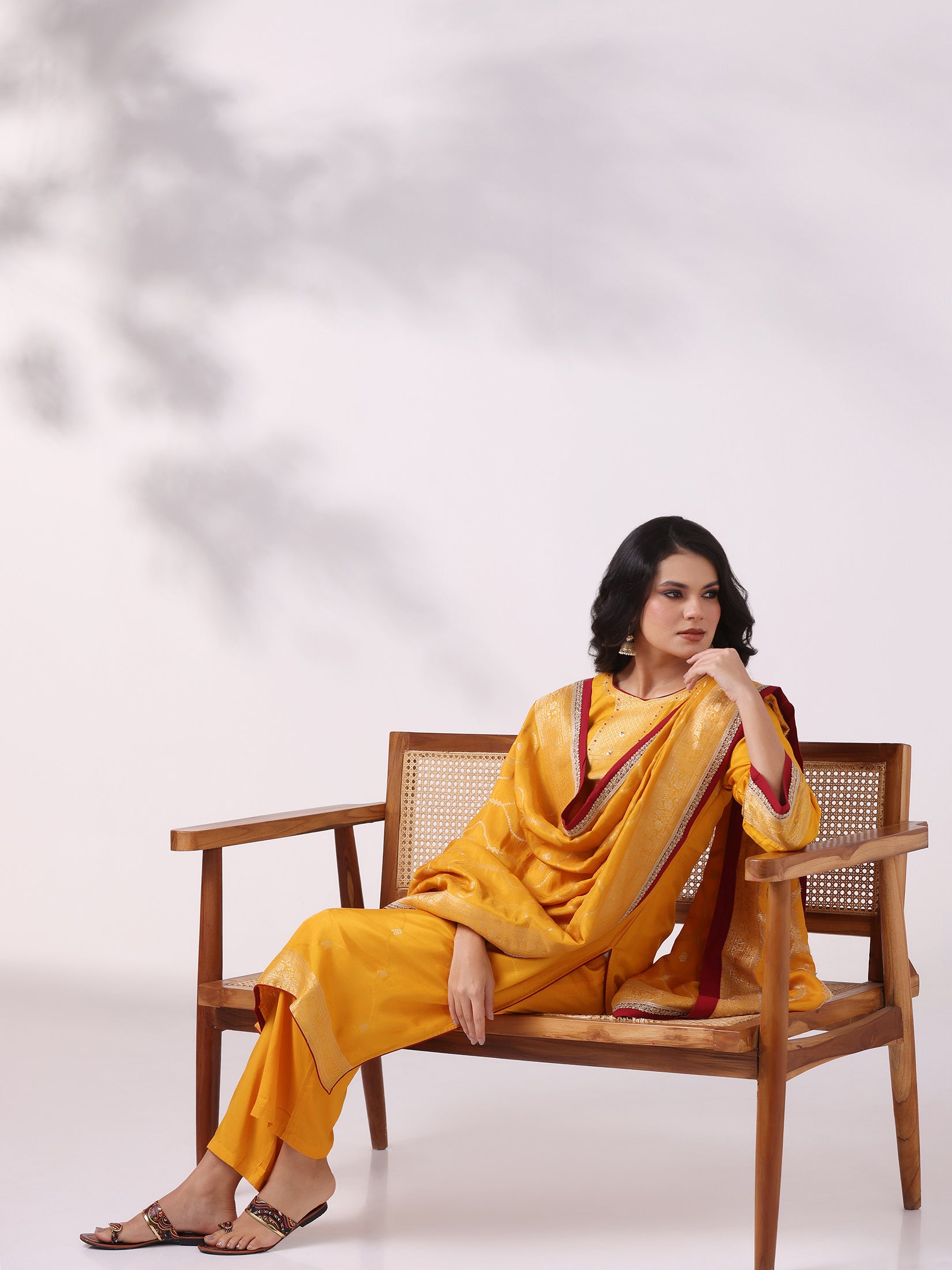 Women Dola Silk Jacquard Mustard Woven Kurta Comfort Pant Dupatta