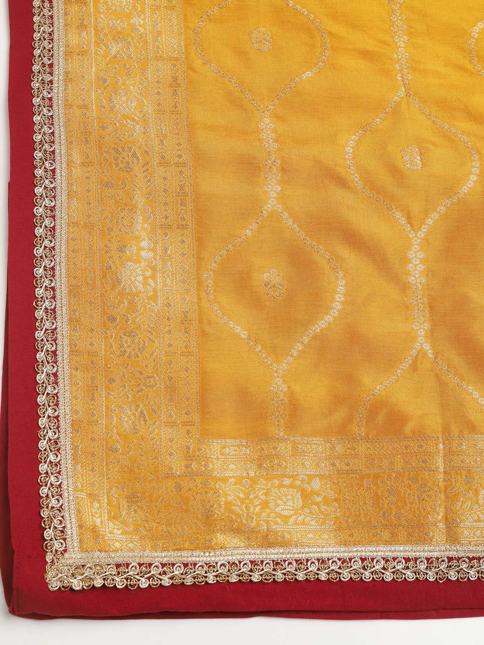 Women Dola Silk Jacquard Mustard Woven Kurta Comfort Pant Dupatta
