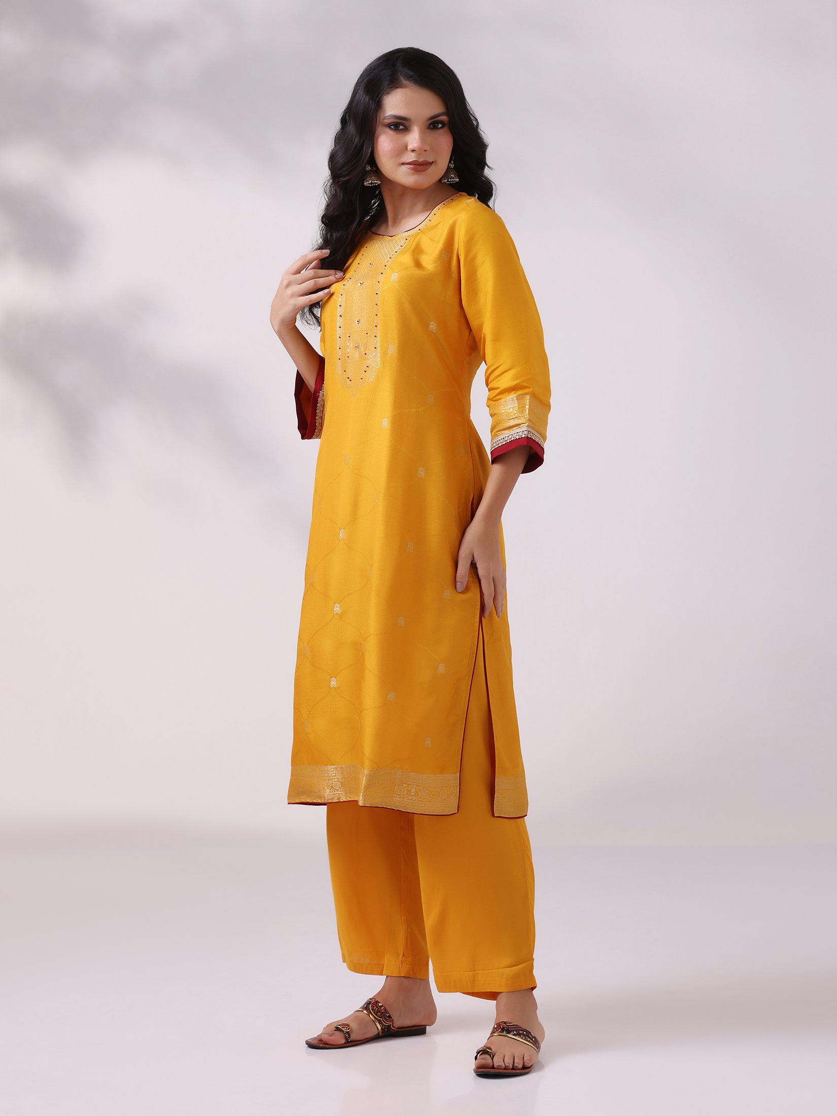 Women Dola Silk Jacquard Mustard Woven Kurta Comfort Pant Dupatta