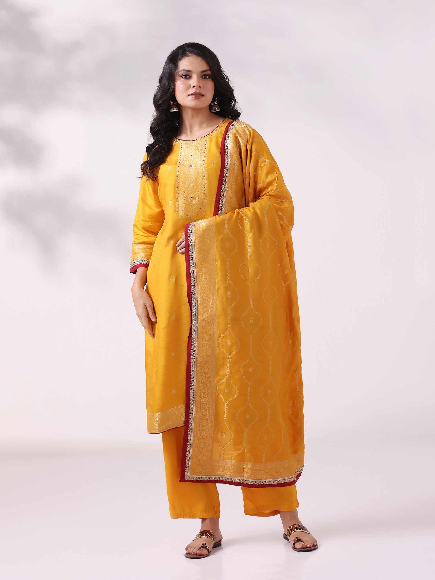 Women Dola Silk Jacquard Mustard Woven Kurta Comfort Pant Dupatta