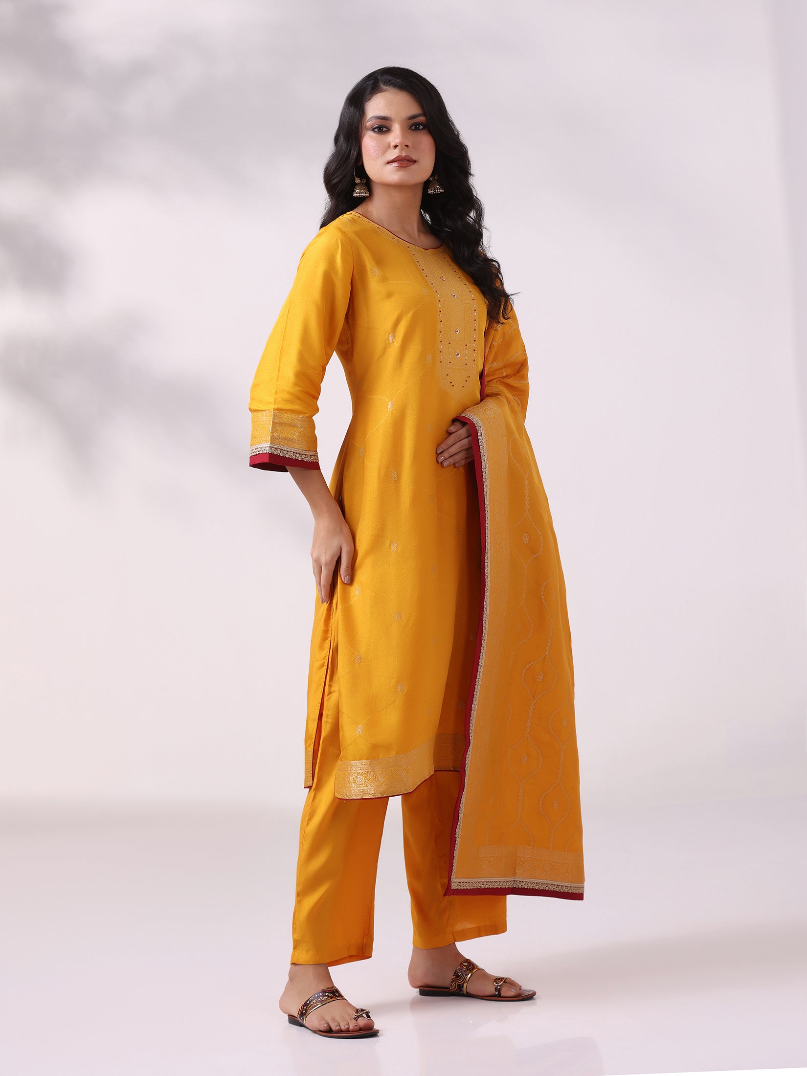 Women Dola Silk Jacquard Mustard Woven Kurta Comfort Pant Dupatta