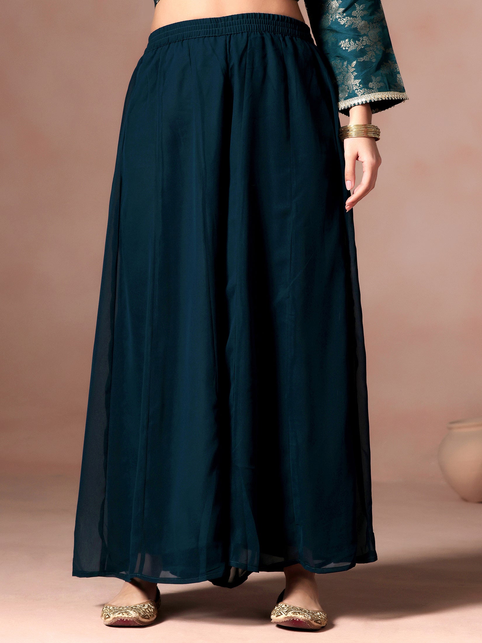 Women Silk Jacquard Blue Woven Kurta Split Pant Dupatta