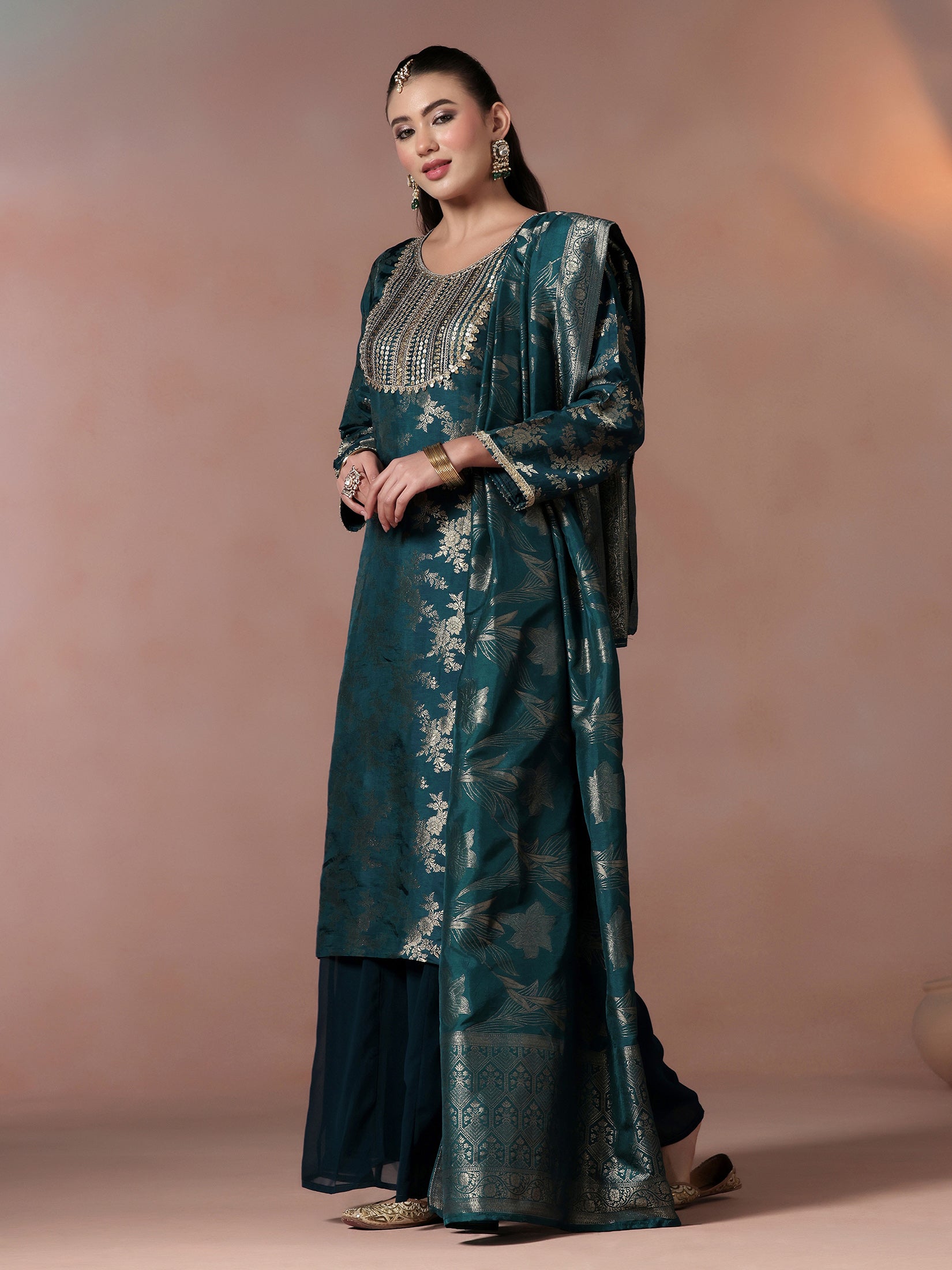 Women Silk Jacquard Blue Woven Kurta Split Pant Dupatta