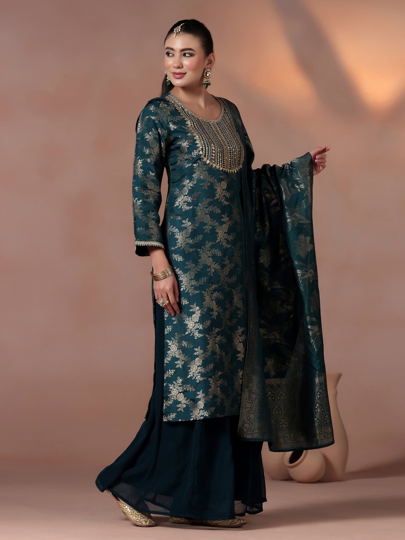 Women Silk Jacquard Blue Woven Kurta Split Pant Dupatta