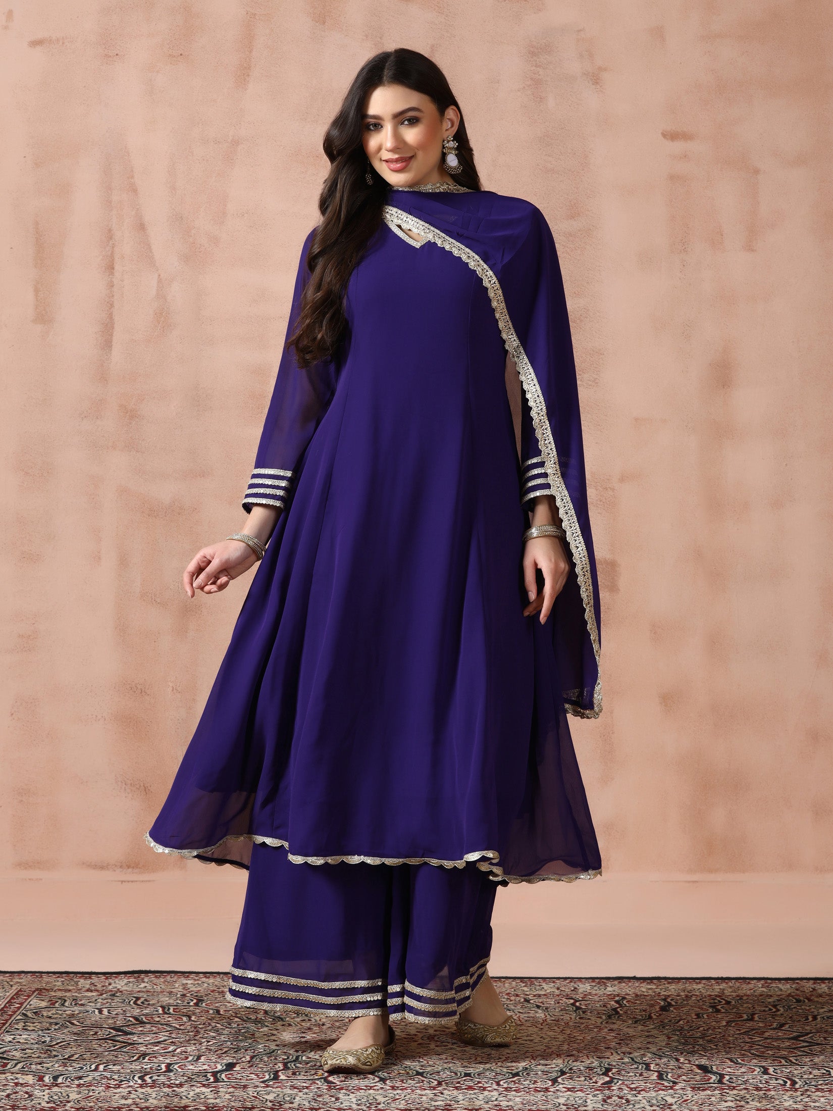 Women Georgette Purple Solid Kurta Wide Leg Pant Dupatta