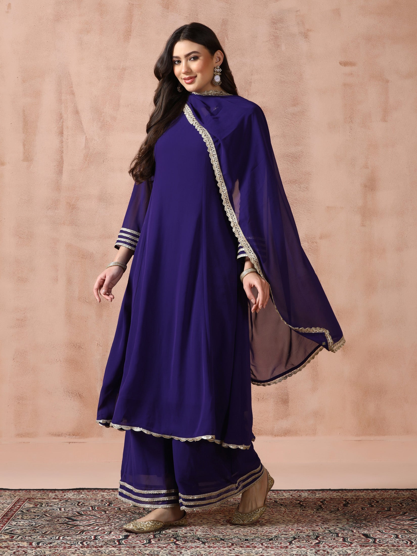 Women Georgette Purple Solid Kurta Wide Leg Pant Dupatta