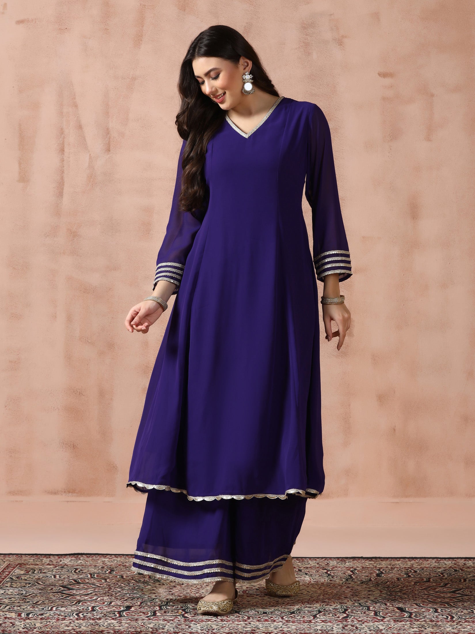 Women Georgette Purple Solid Kurta Wide Leg Pant Dupatta