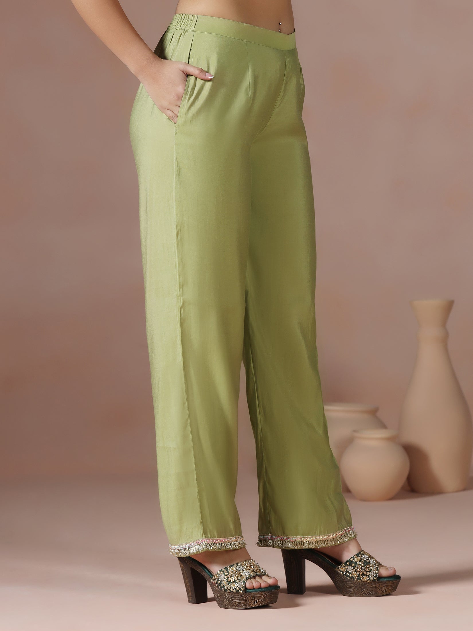 Women Chanderi Green Embroidered Kurta Comfort Pant Dupatta
