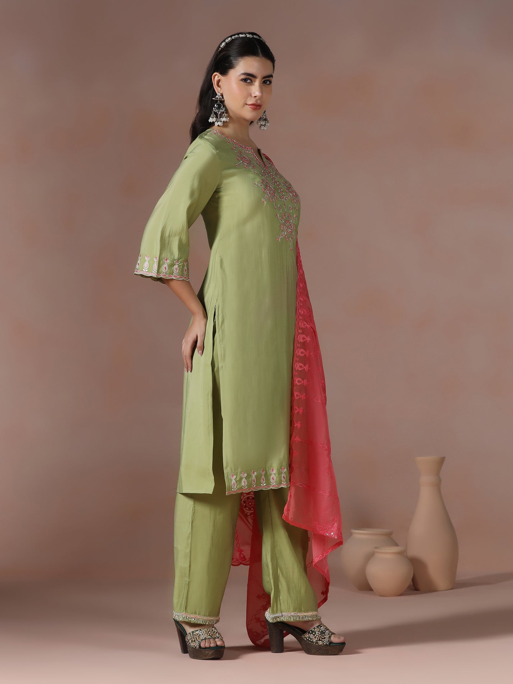 Women Chanderi Green Embroidered Kurta Comfort Pant Dupatta
