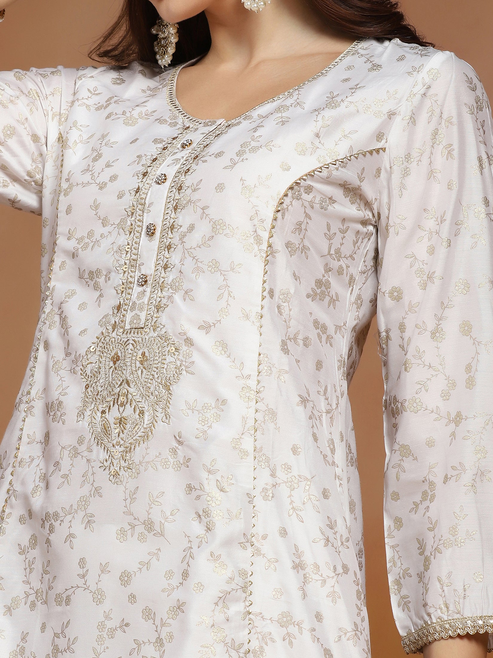 Women Poly Viscose Slub Off White Embroidered Kurta Comfort Pant Dupatta