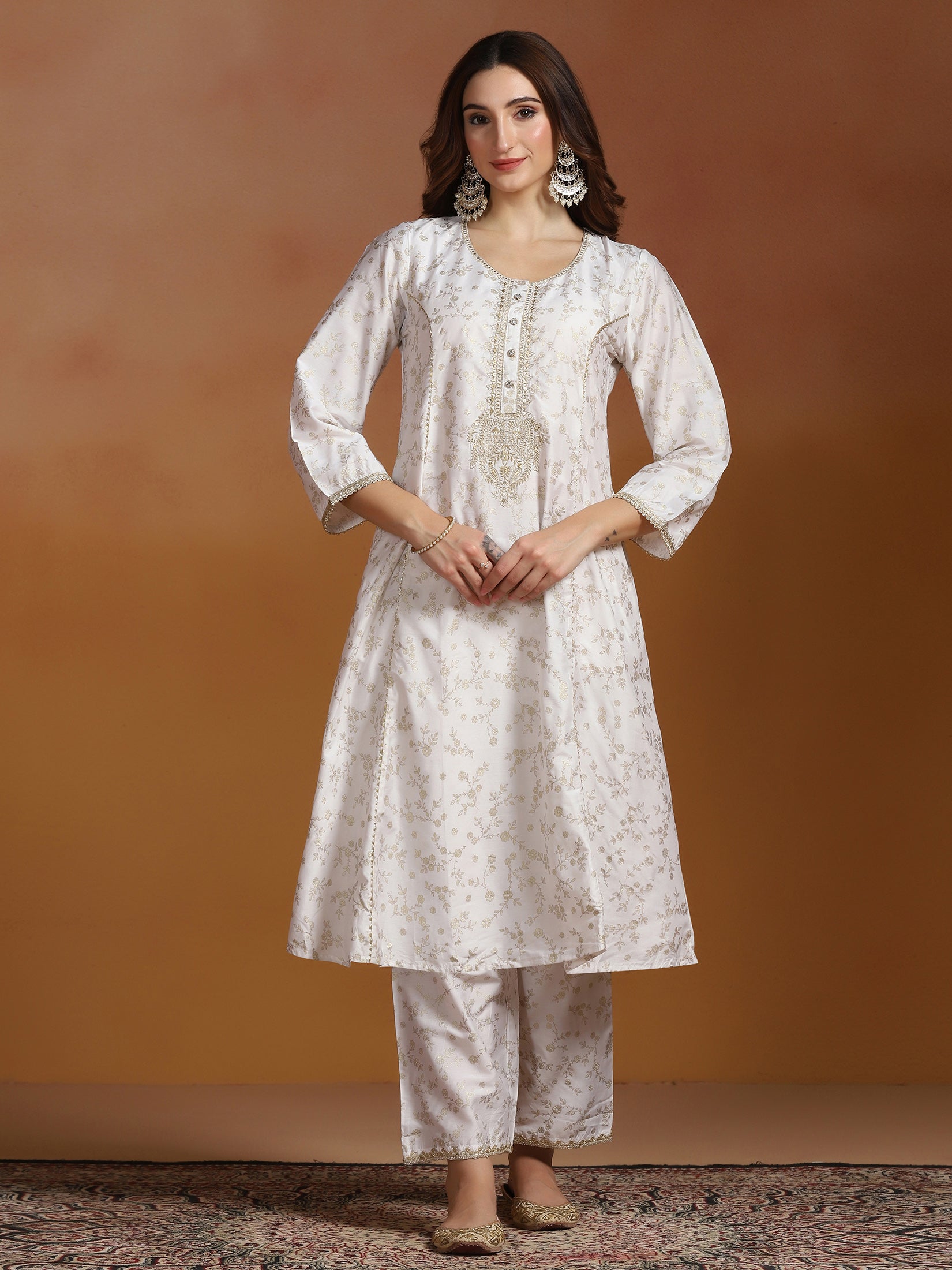 Women Poly Viscose Slub Off White Embroidered Kurta Comfort Pant Dupatta