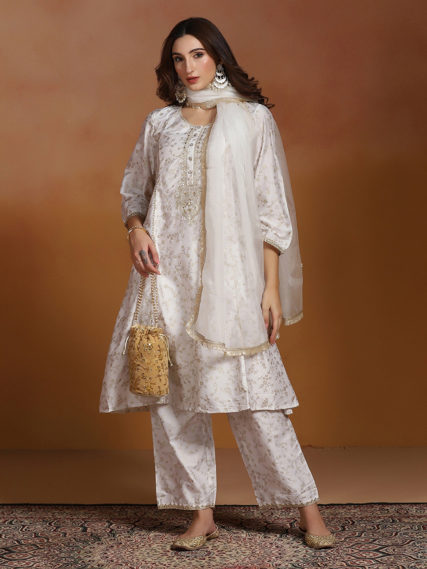 Women Poly Viscose Slub Off White Embroidered Kurta Comfort Pant Dupatta