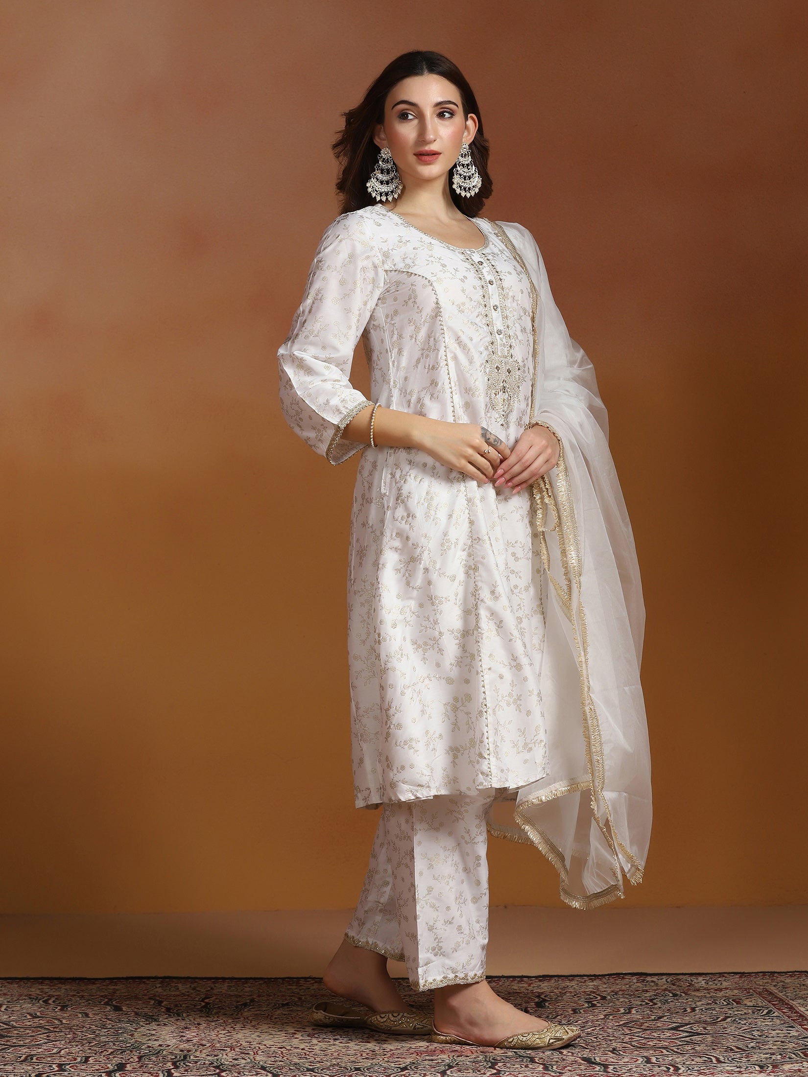 Women Poly Viscose Slub Off White Embroidered Kurta Comfort Pant Dupatta