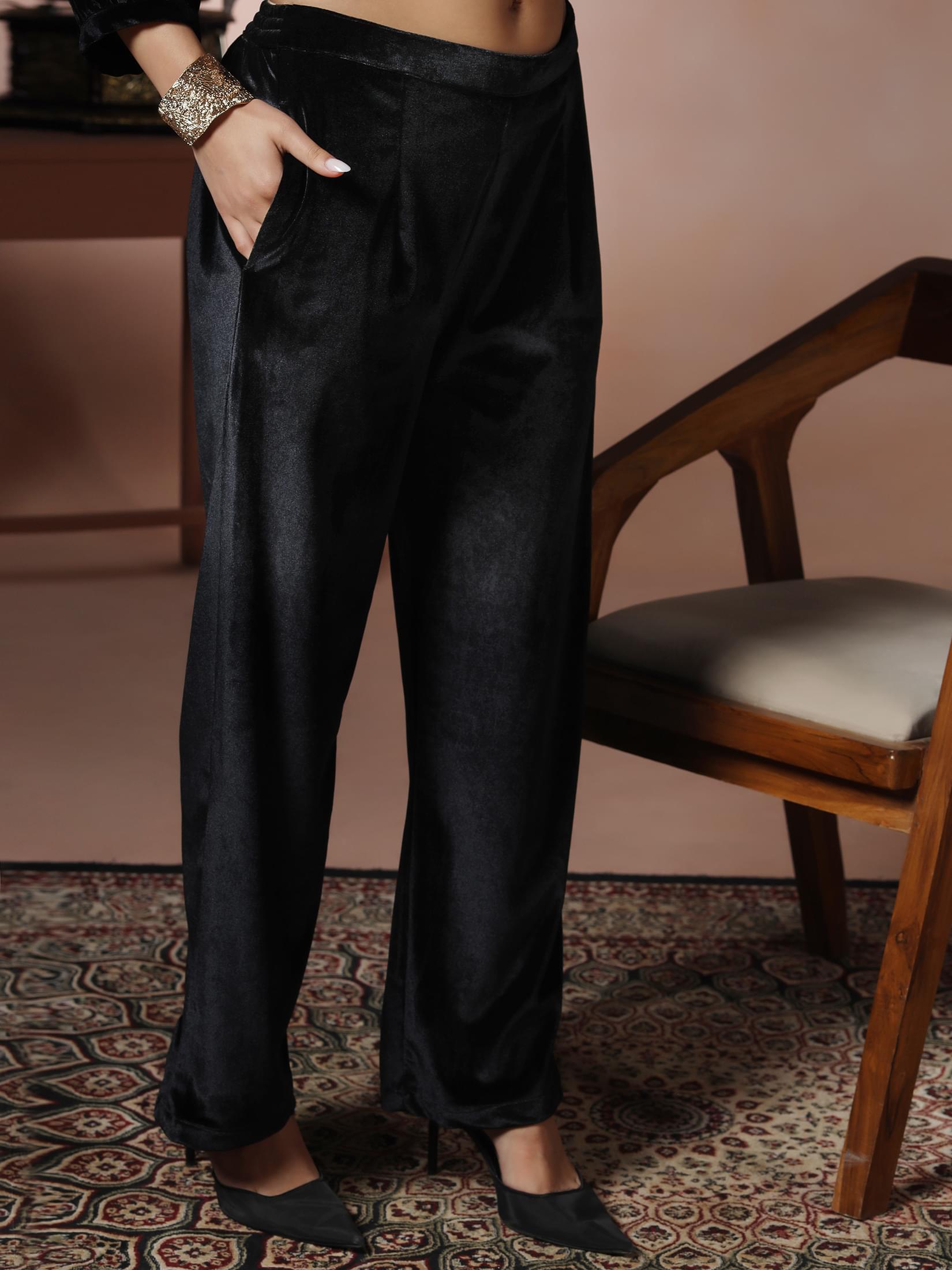 Women Velvet Black Solid Co-Ord Set.