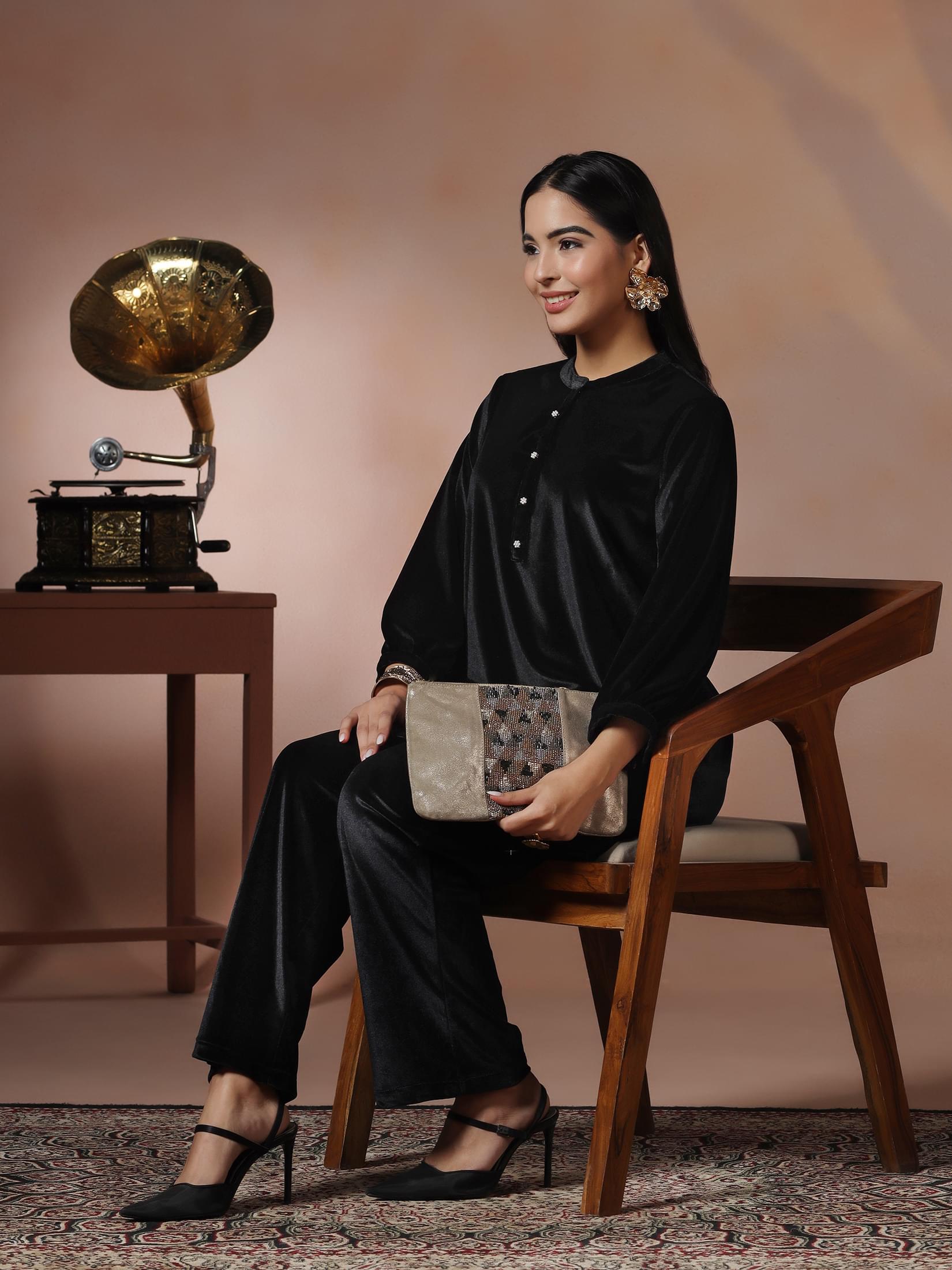 Women Velvet Black Solid Co-Ord Set.