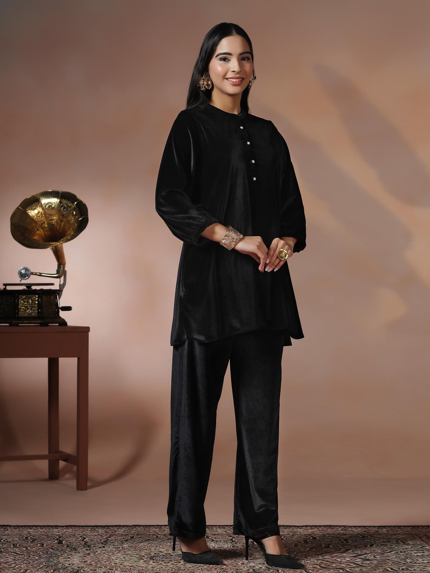 Women Velvet Black Solid Co-Ord Set.