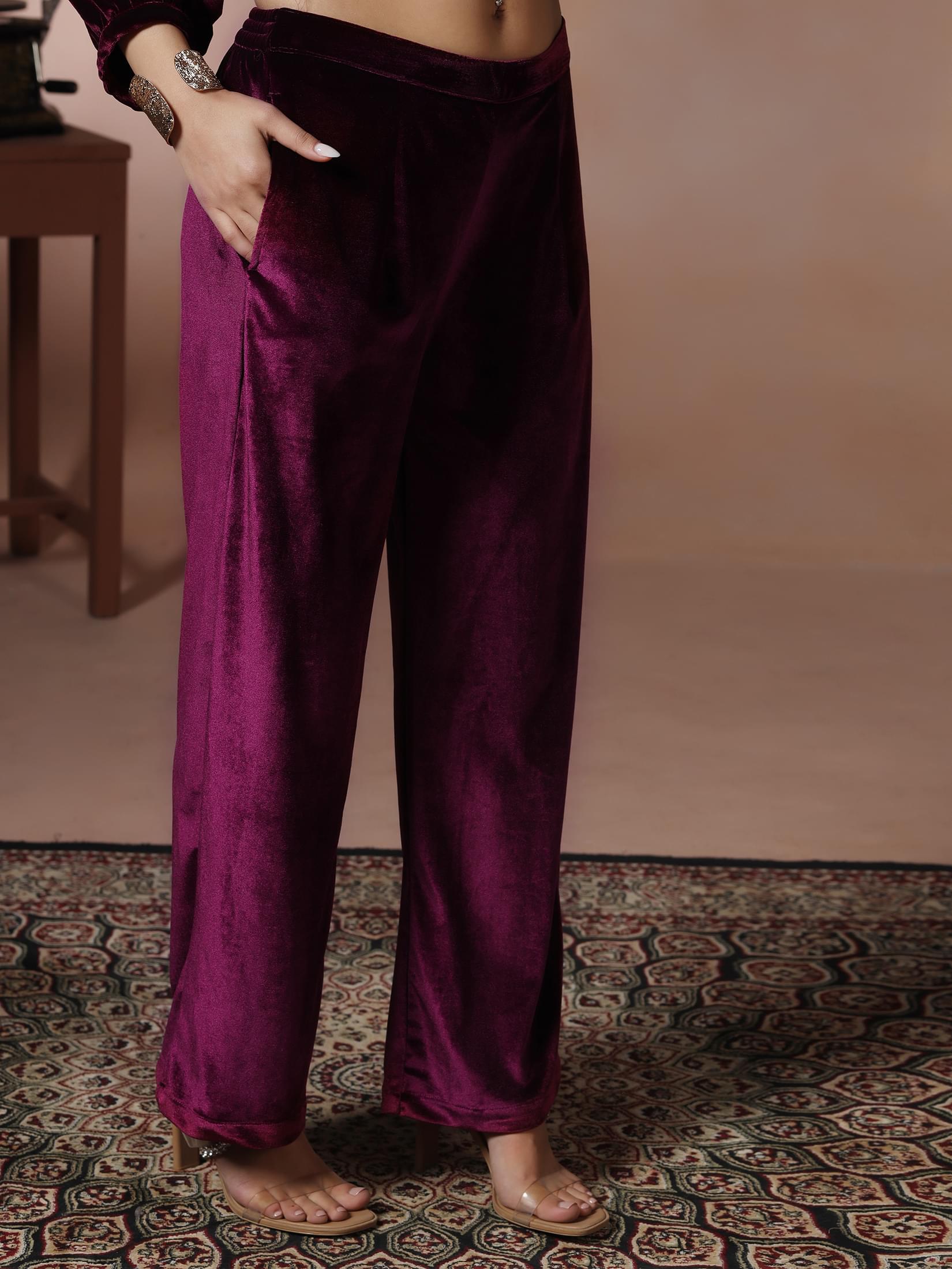 Women Velvet Wine Solid Co-Ord Set.