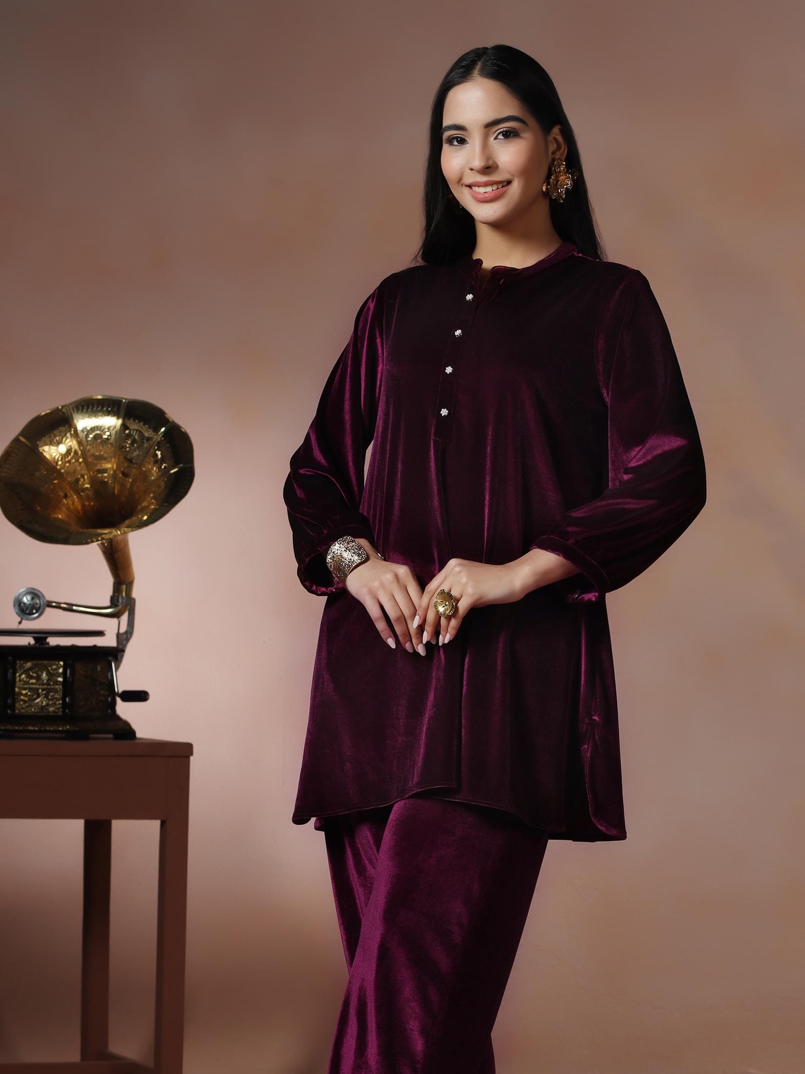Women Velvet Wine Solid Co-Ord Set.