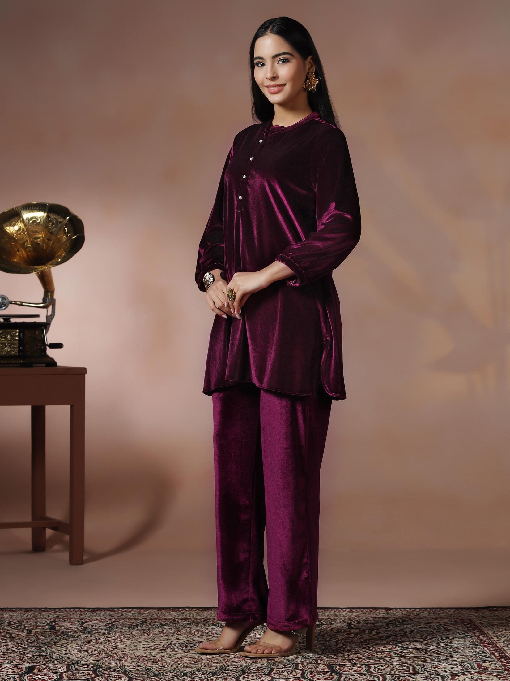 Women Velvet Wine Solid Co-Ord Set.