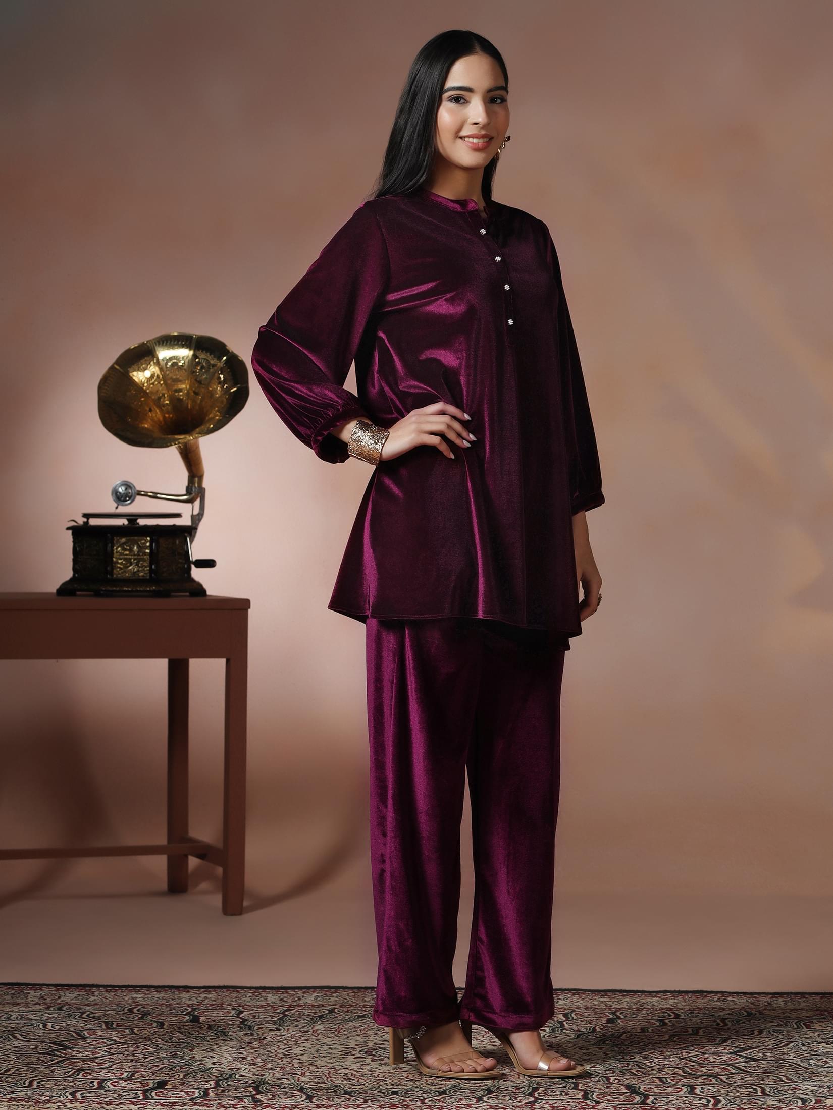 Women Velvet Wine Solid Co-Ord Set.
