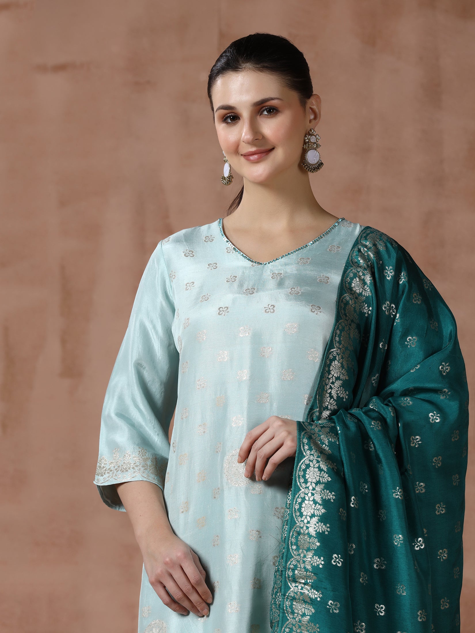Women Dola Silk Jacquard Turquoise Blue Woven Kurta Comfort Pant Dupatta