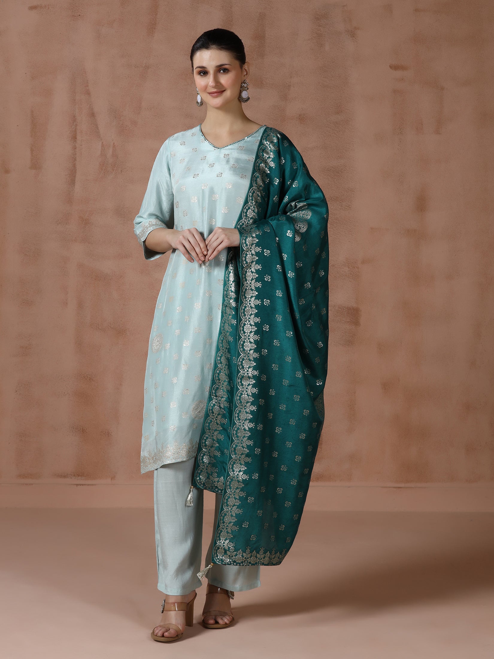 Women Dola Silk Jacquard Turquoise Blue Woven Kurta Comfort Pant Dupatta