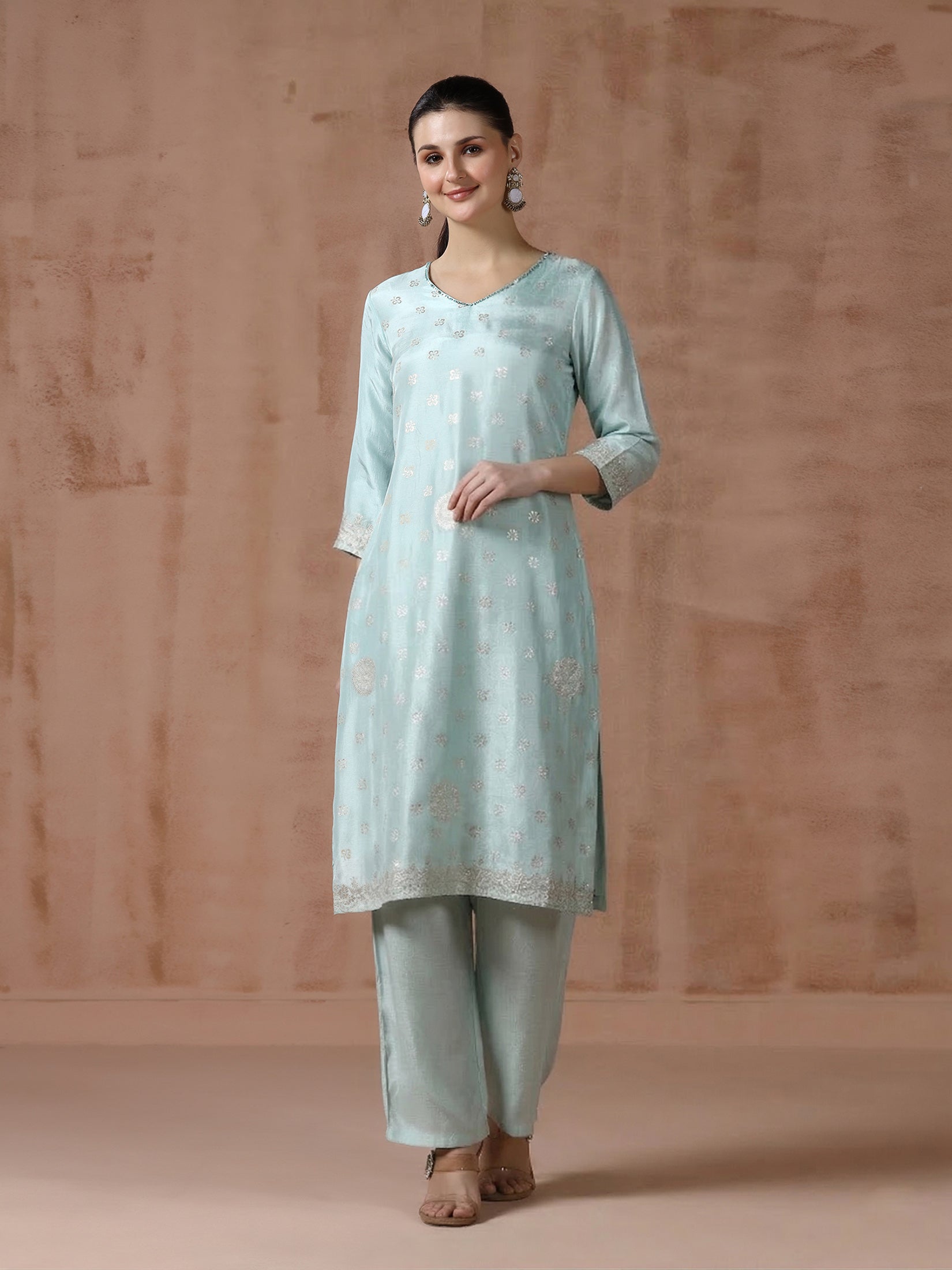 Women Dola Silk Jacquard Turquoise Blue Woven Kurta Comfort Pant Dupatta