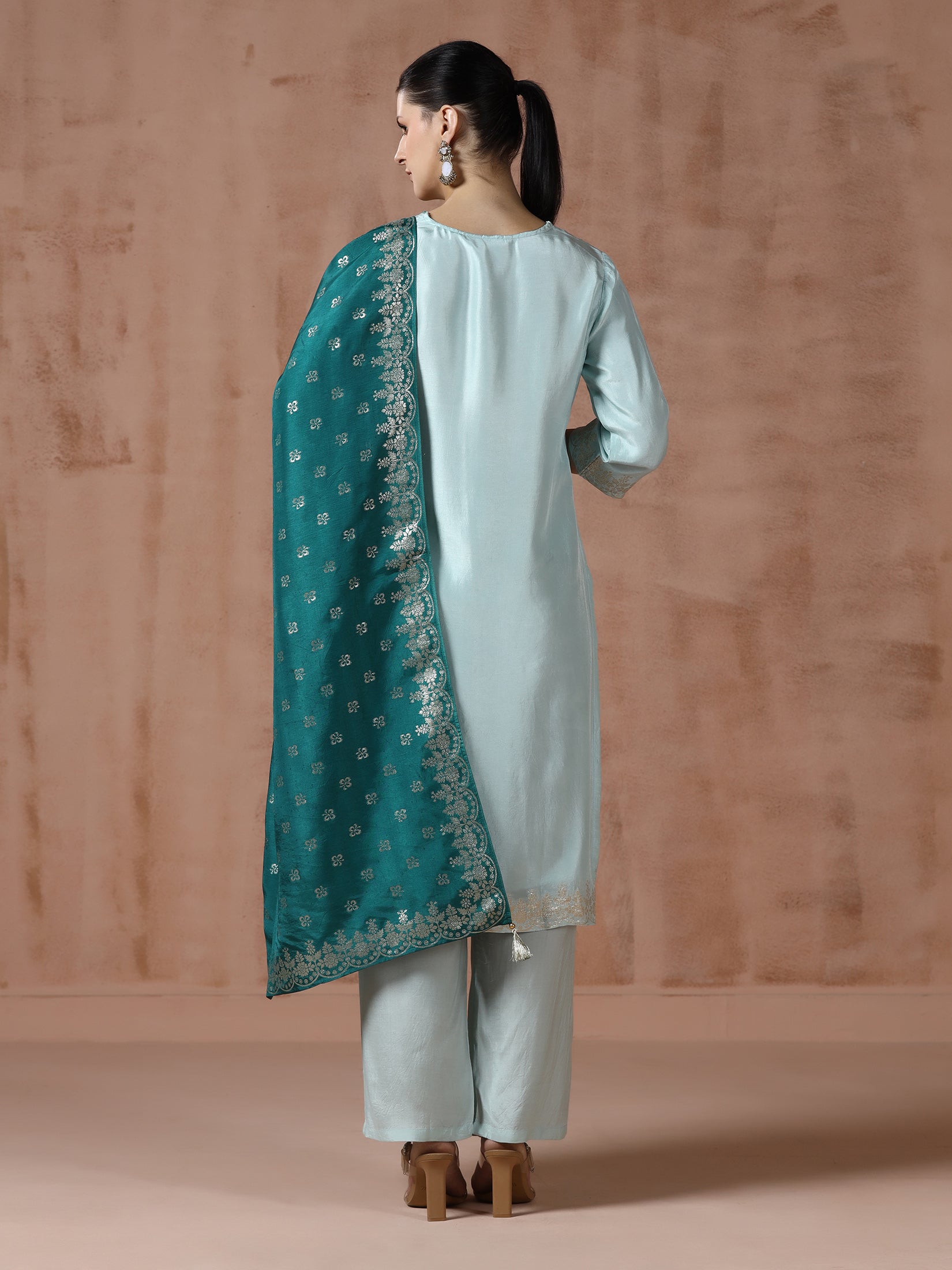 Women Dola Silk Jacquard Turquoise Blue Woven Kurta Comfort Pant Dupatta