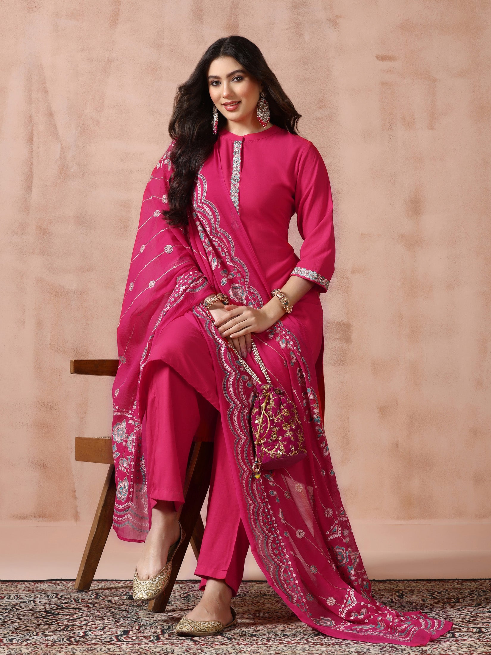 Women Liva Viscose Fuchsia Embroidered Kurta Comfort Pant Dupatta